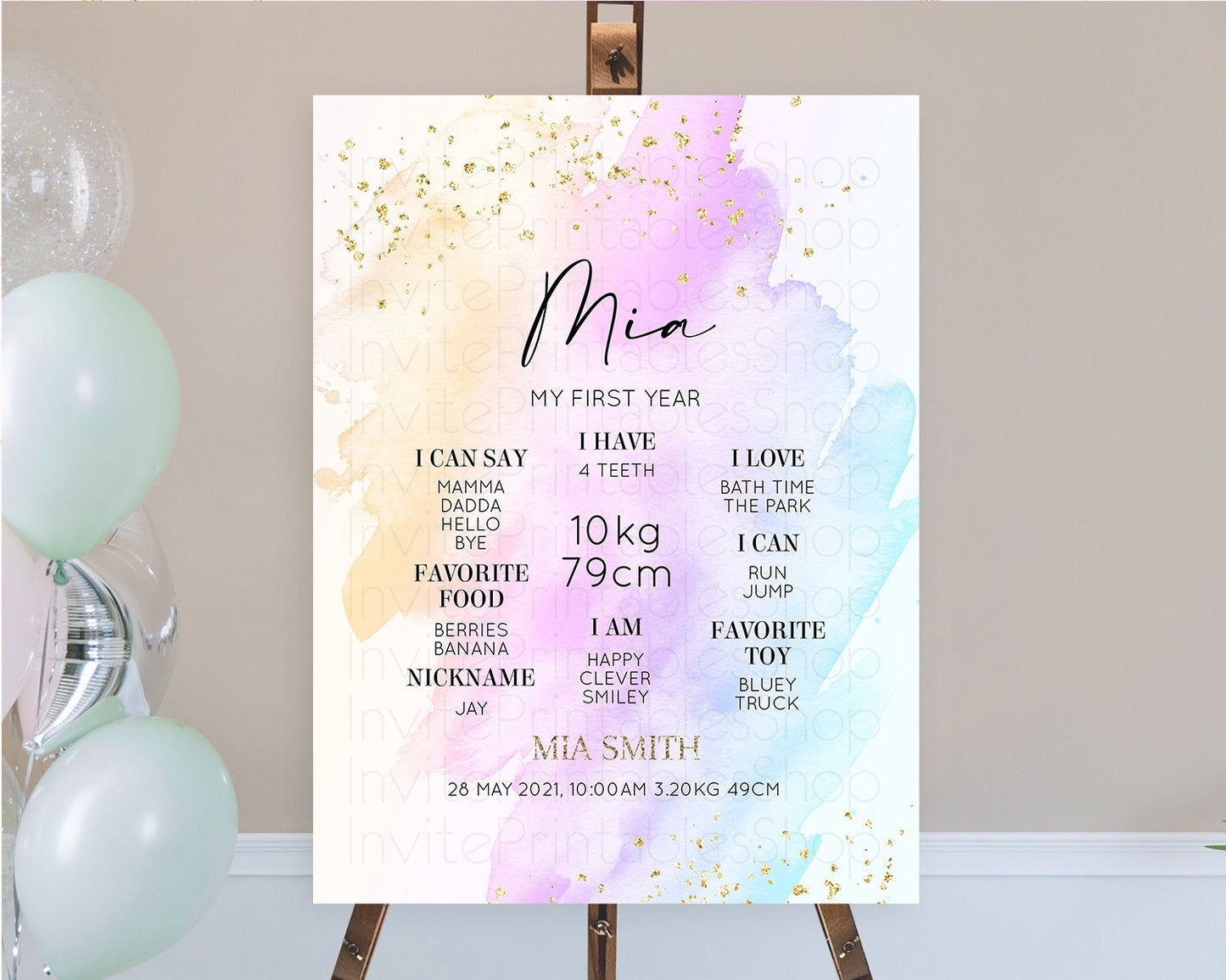 Pastel First Birthday Milestone Board Pastel Rainbow Milestone Poster Colorful Confetti Watercolor Glitter 1st Birthday Welcome Sign D10175