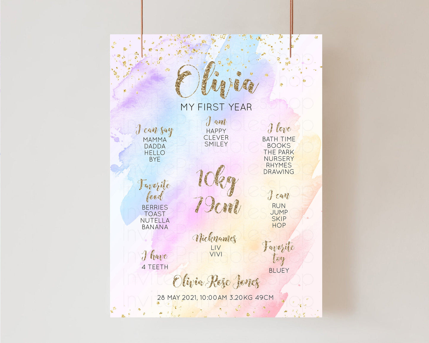 Pastel First Birthday Milestone Board Pastel Rainbow Milestone Poster Watercolor Glitter One Year Poster Colorful Splash Baby 1st Year g600