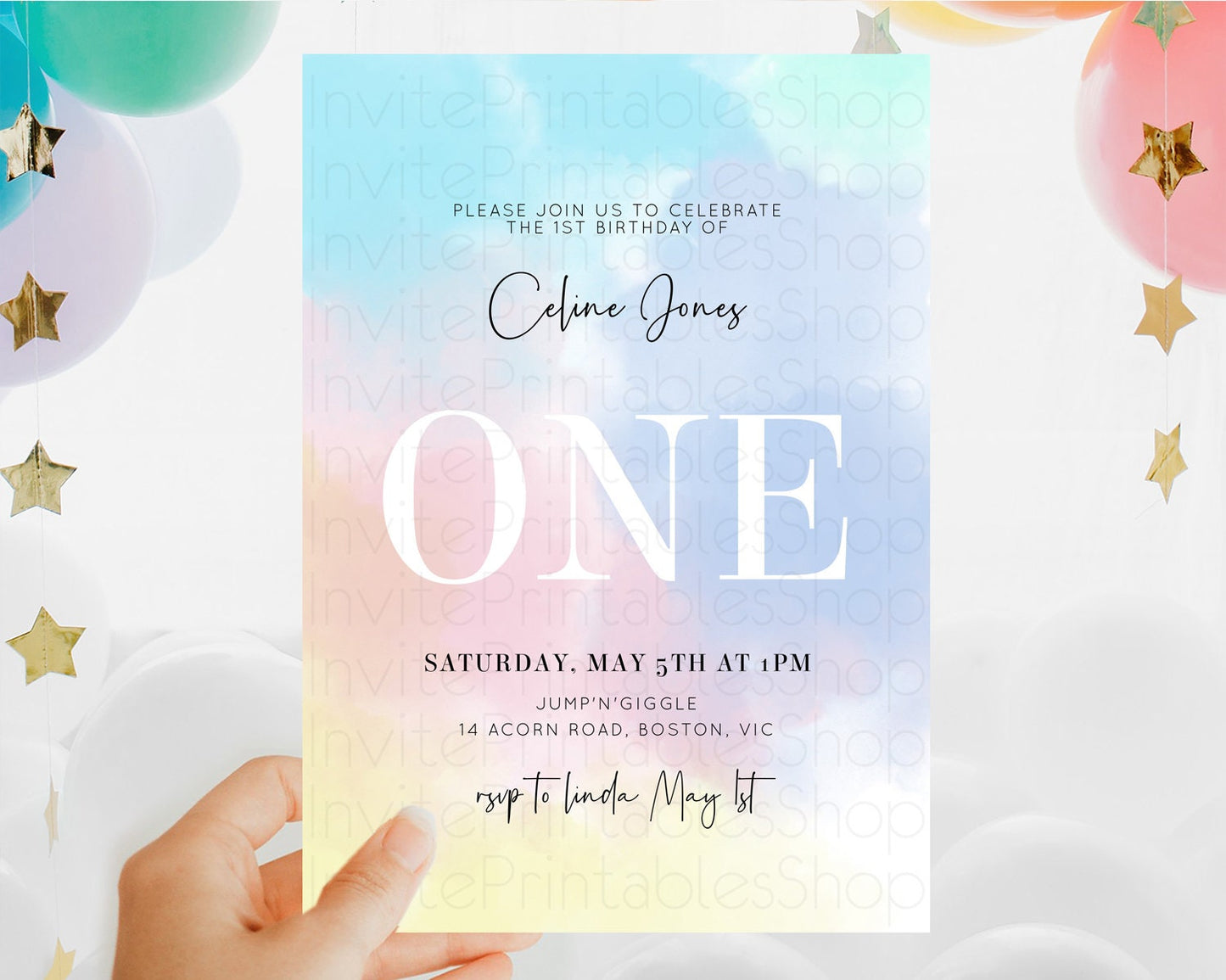 Rainbow Birthday Invitation Colorful Pastel Watercolor Invitation Gold Glitter Sprinkles Ombre Pastel 1st 2nd 3rd Birthday D10373