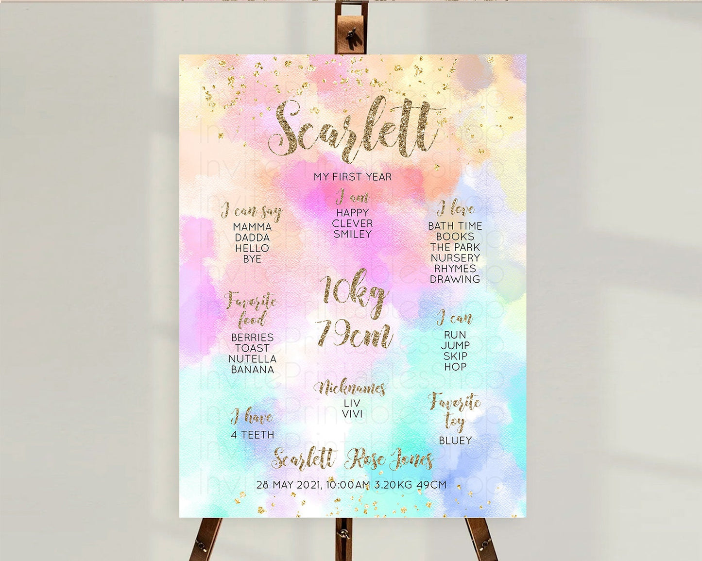 Pastel First Birthday Milestone Board Pastel Rainbow Milestone Poster Colorful Confetti Watercolor Glitter 1st Birthday Welcome Sign D10669