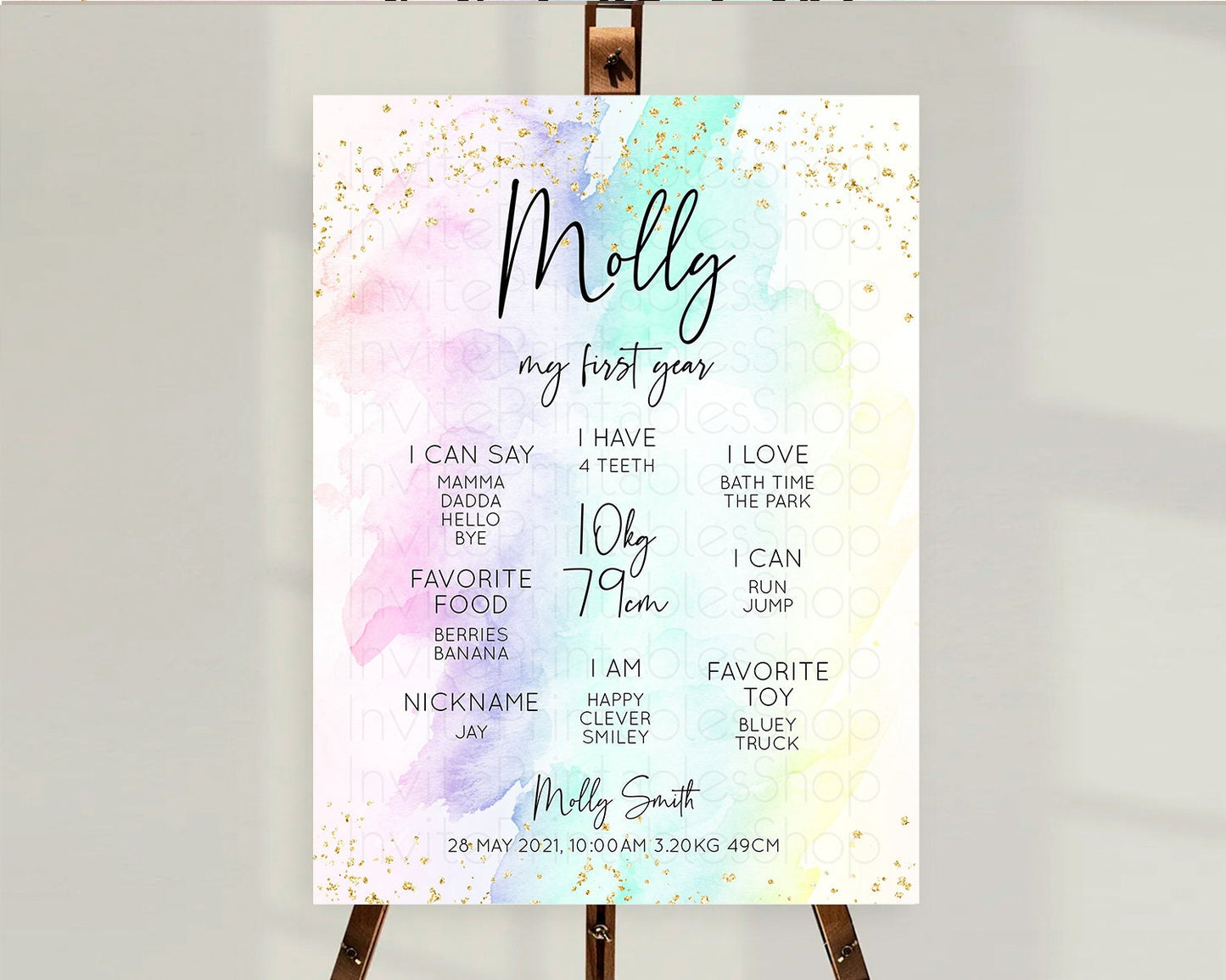 Pastel First Birthday Milestone Board Pastel Rainbow Milestone Poster Colorful Confetti Watercolor Glitter 1st Birthday Welcome Sign D10231