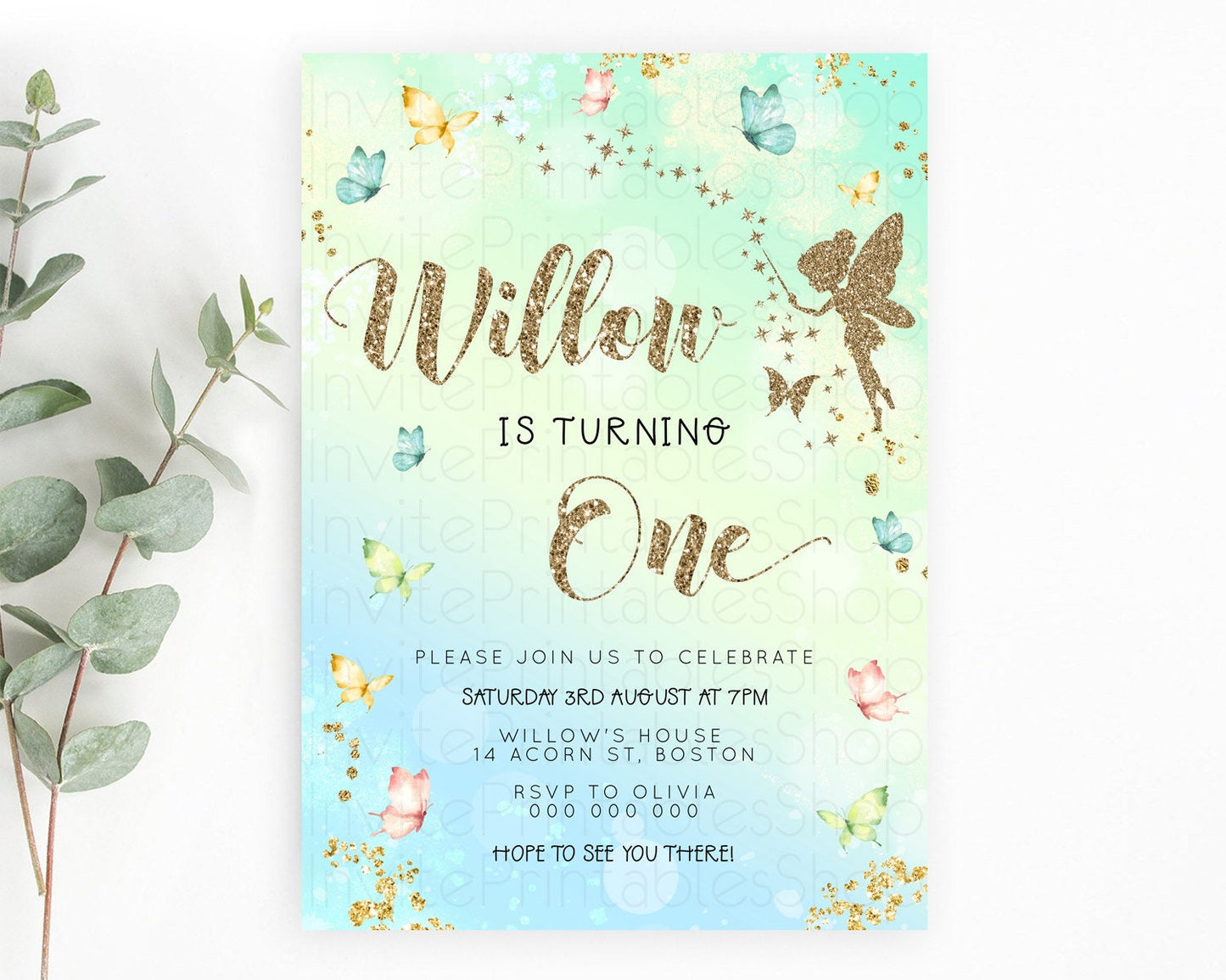 Pastel Fairy Birthday Invitation Pastel Butterflies Fairy Birthday Invitation Rainbow Ombre Watercolor 1st 2nd Birthday Invitation D23150