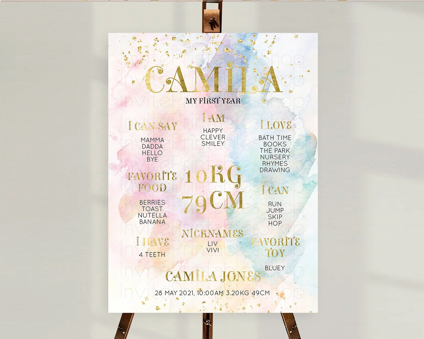 Pastel First Birthday Milestone Board Pastel Rainbow Milestone Poster Colorful Confetti Watercolor Glitter 1st Birthday Welcome Sign D10835