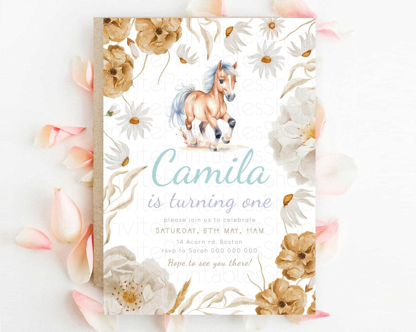 Horse Birthday Invitation, Galloping Wildflower Fields, Pastel Flowers, Butterflies, Flowers Accents for Equestrian & Cowgirls d23381