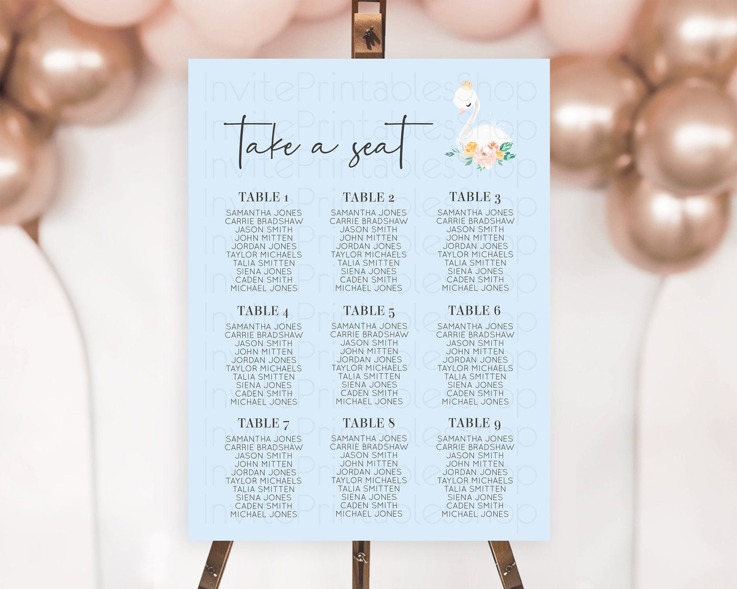 Editable Swan Seating Chart Swan Princess Ballet Seating Sign Watercolour Pa