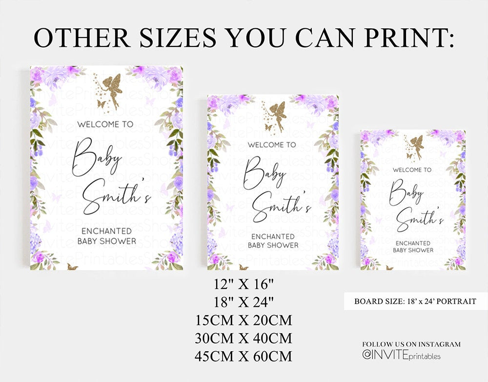 Fairy Baby Shower Welcome Sign Purple Floral Fairy Magic Garden Welcome Board Welcome Poster Keepsake Milestone Watercolor Gold Glitter 47