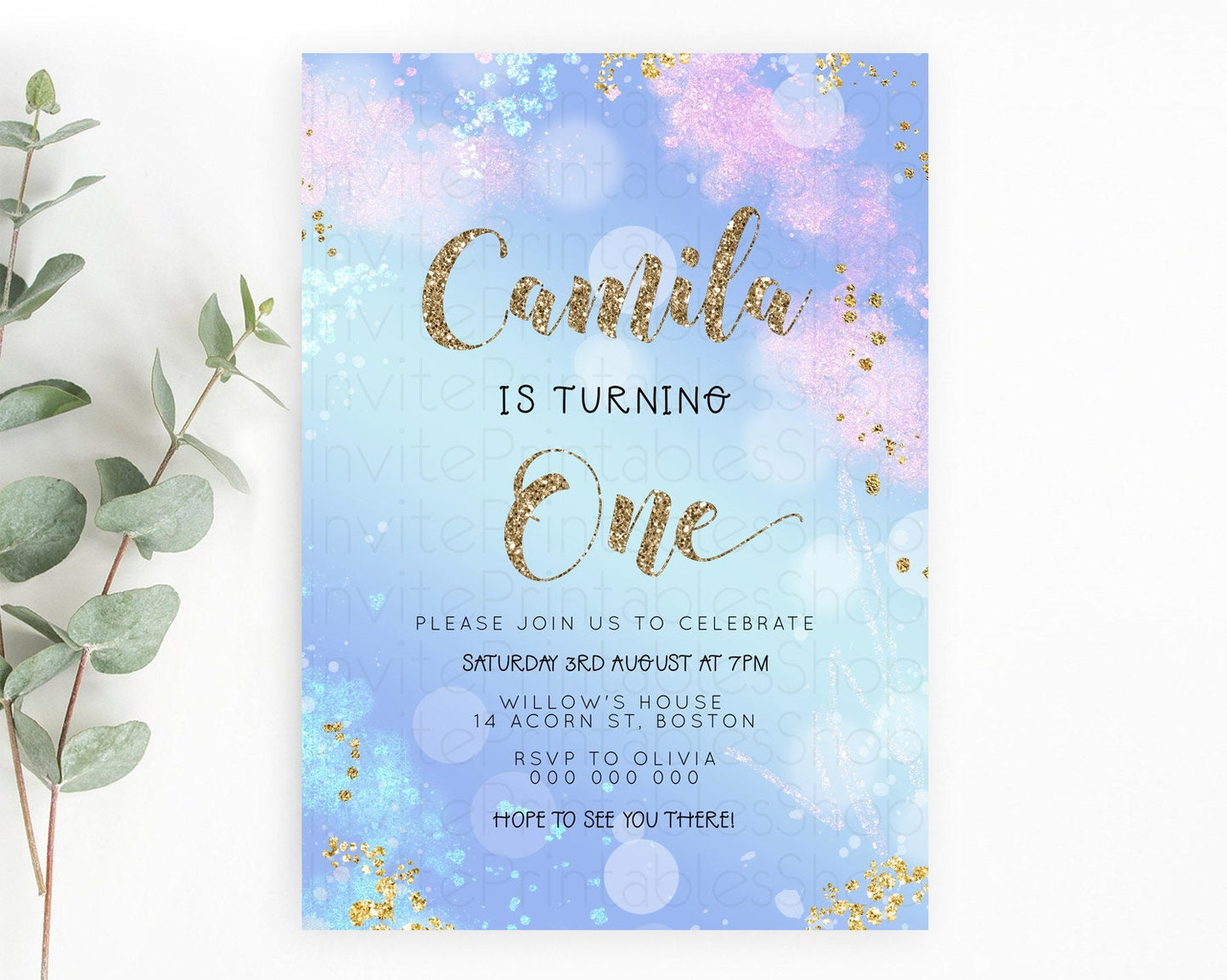 Rainbow Birthday Invitation Colorful Pastel Watercolor Invitation Gold Glitter Sprinkles Ombre Pastel 1st 2nd 3rd Birthday D23124