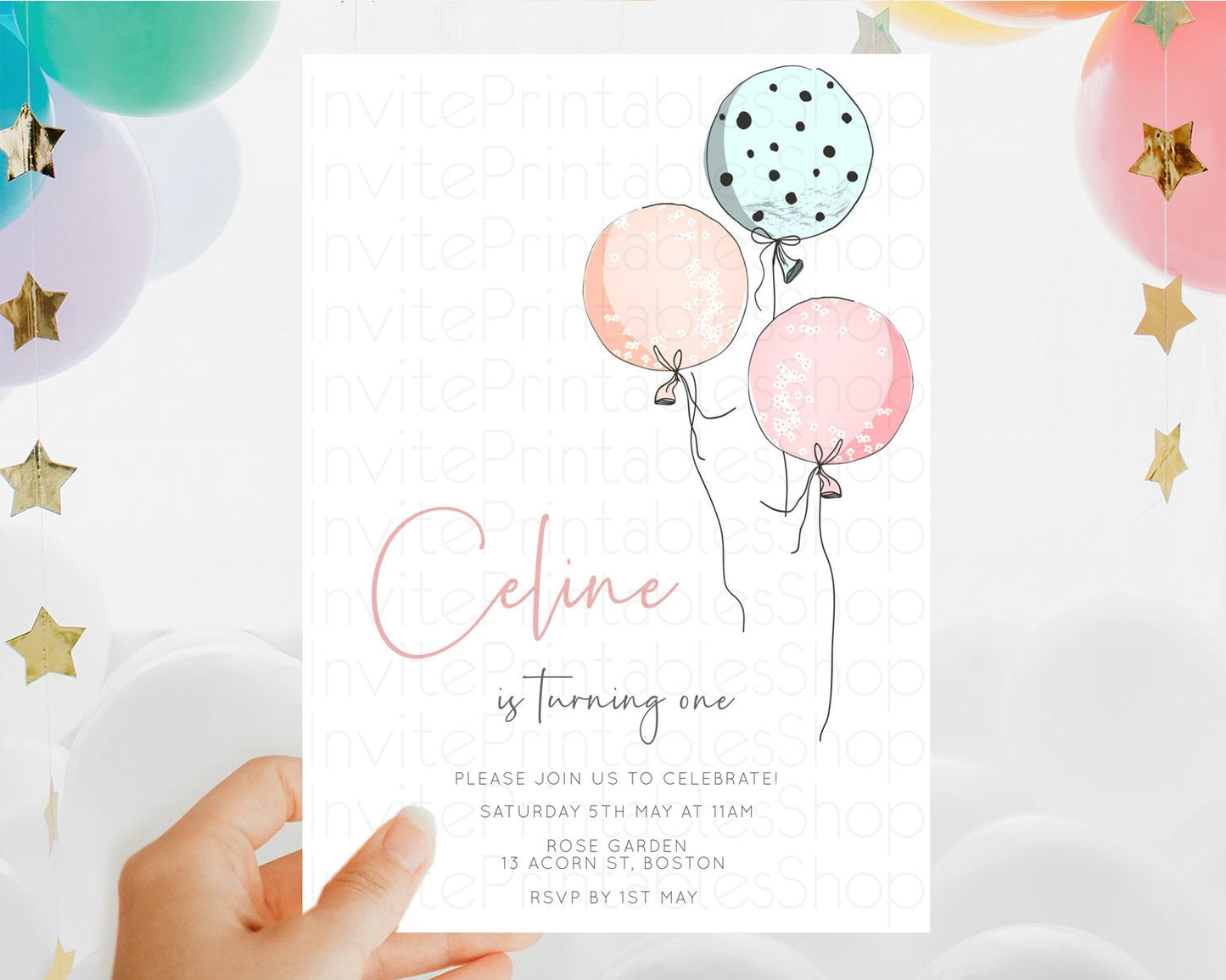 Balloon Birthday Invitation Pastel Birthday Invitation Pastel Balloon Invites Colorful Pastel Rainbow Balloon 3rd 2nd First Birthday D10868