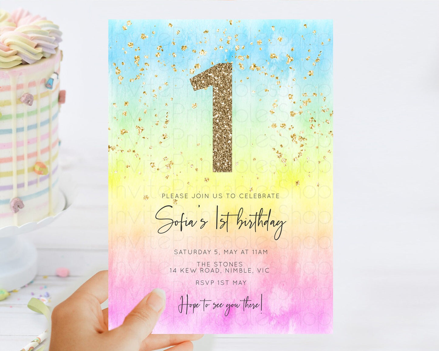 Rainbow Birthday Invitation Colorful Pastel Watercolor Invitation Gold Glitter Sprinkles Ombre Pastel 1st 2nd 3rd Birthday D10480