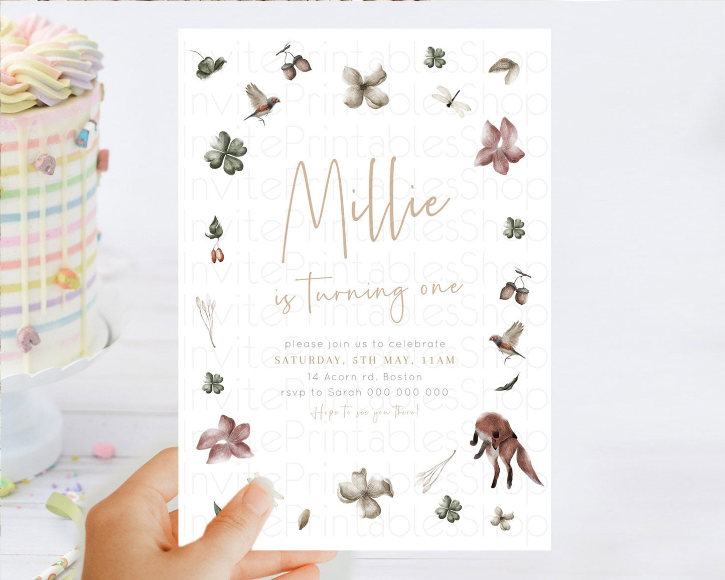 Forest Fox Birthday Invitation Butterfly Flower Fox Birthday Invitation Enchnted Floral Forest Secret Garden 1st Birthday Invitation D23364