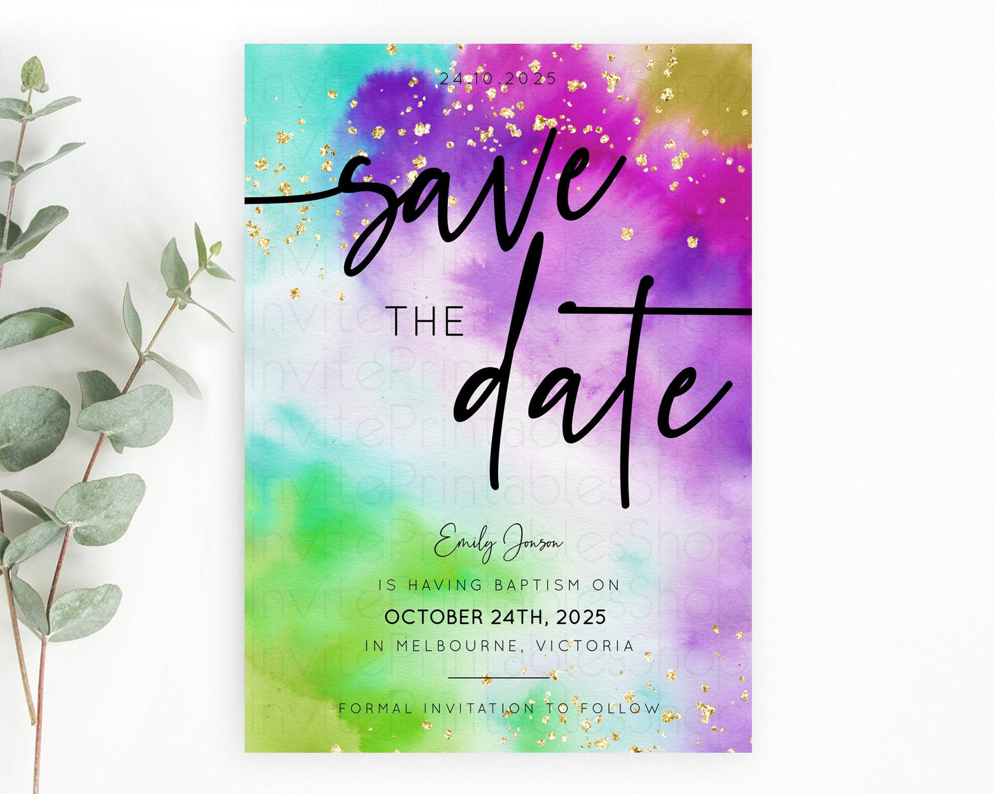 Tie Dye Save The Date Template Rainbow Pastel Ombre Watercolor Party For 1st Birthday Baptism Baby Shower Bridal Shower Wedding D10536