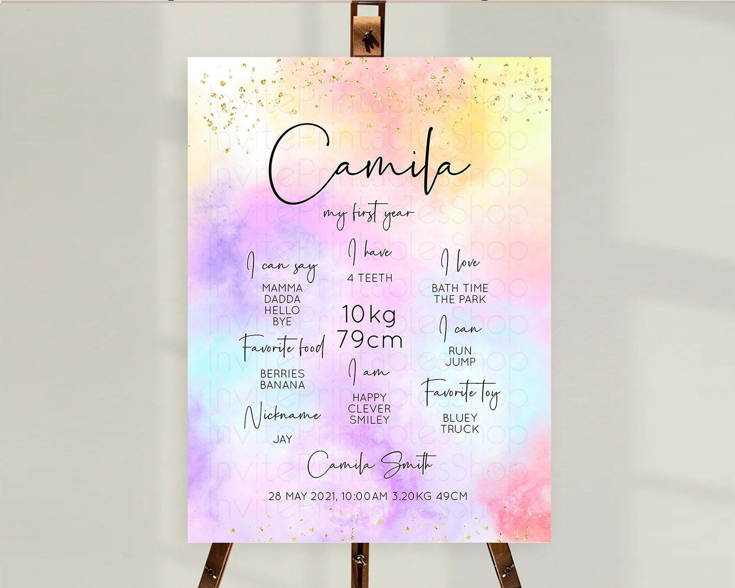 Pastel First Birthday Milestone Board Pastel Rainbow Milestone Poster Colorful Confetti Watercolor Glitter 1st Birthday Welcome Sign D10438