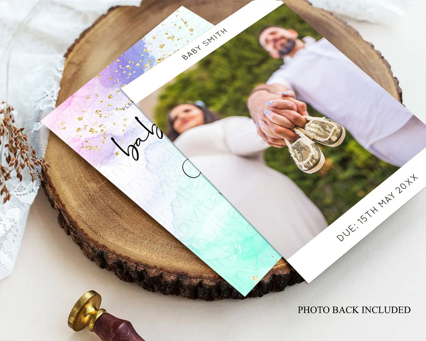 Pastel Rainbow Baby Shower Invitation, Colorful Watercolor Splash, Soft Pastel with Gold Glitter Sprinkles - Purple, Teal, Pink Ombre D10158