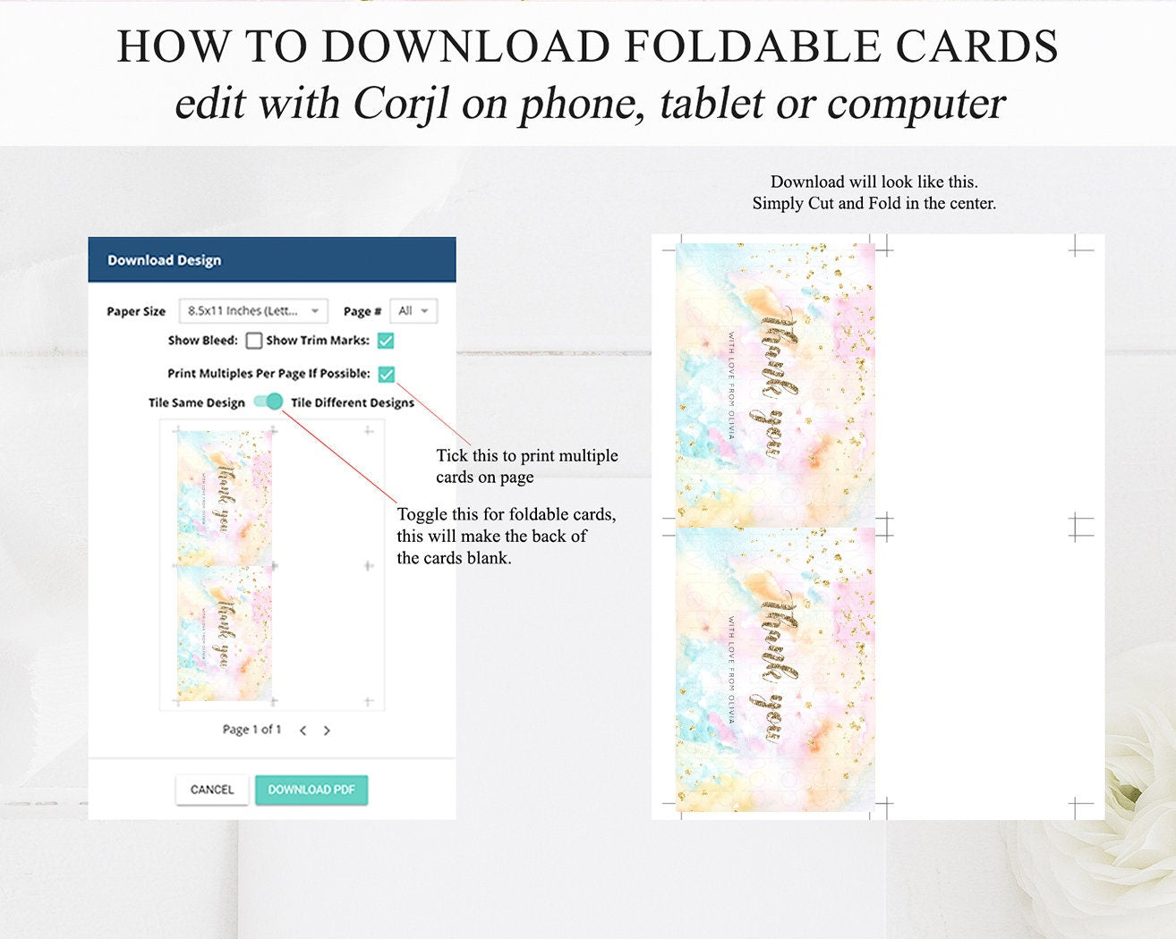 Pastel Rainbow Thank you Colorful Watercolor Folded Gift Cards Custom Note Message Glitter Birthday Engaged Baby Shower Wedding Guests G566