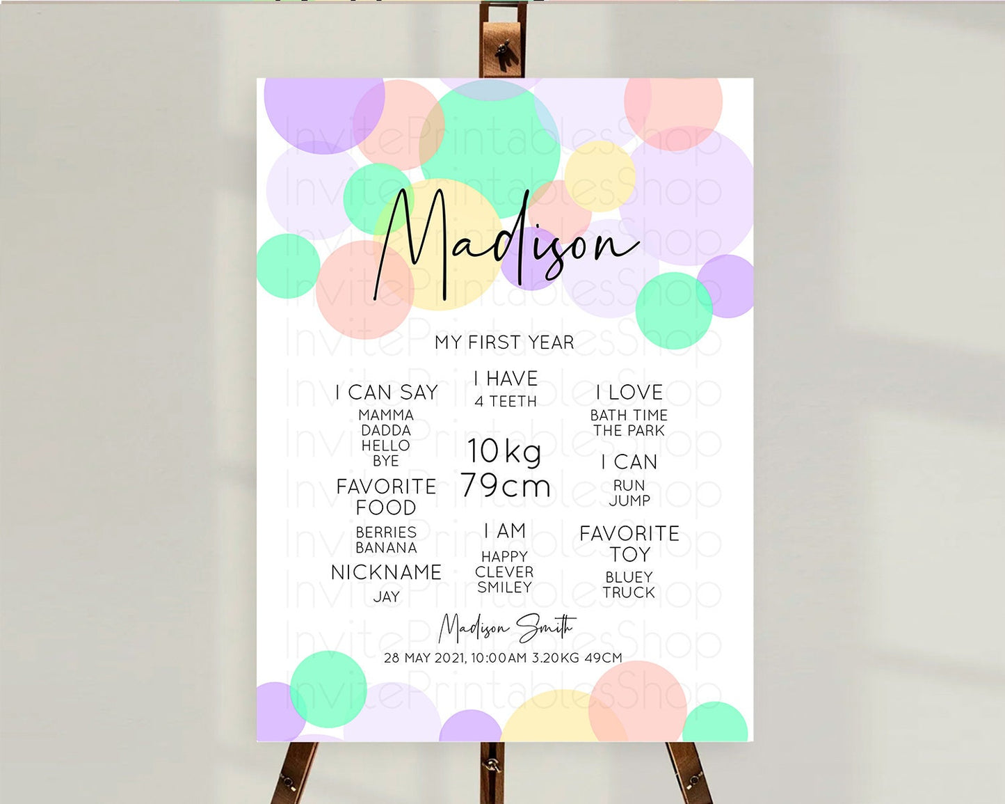 Pastel First Birthday Milestone Poster Pastel Rainbow Confetti First Birthday Milestone Board Colorful Bubbles Birthday Welcome Sign D10380