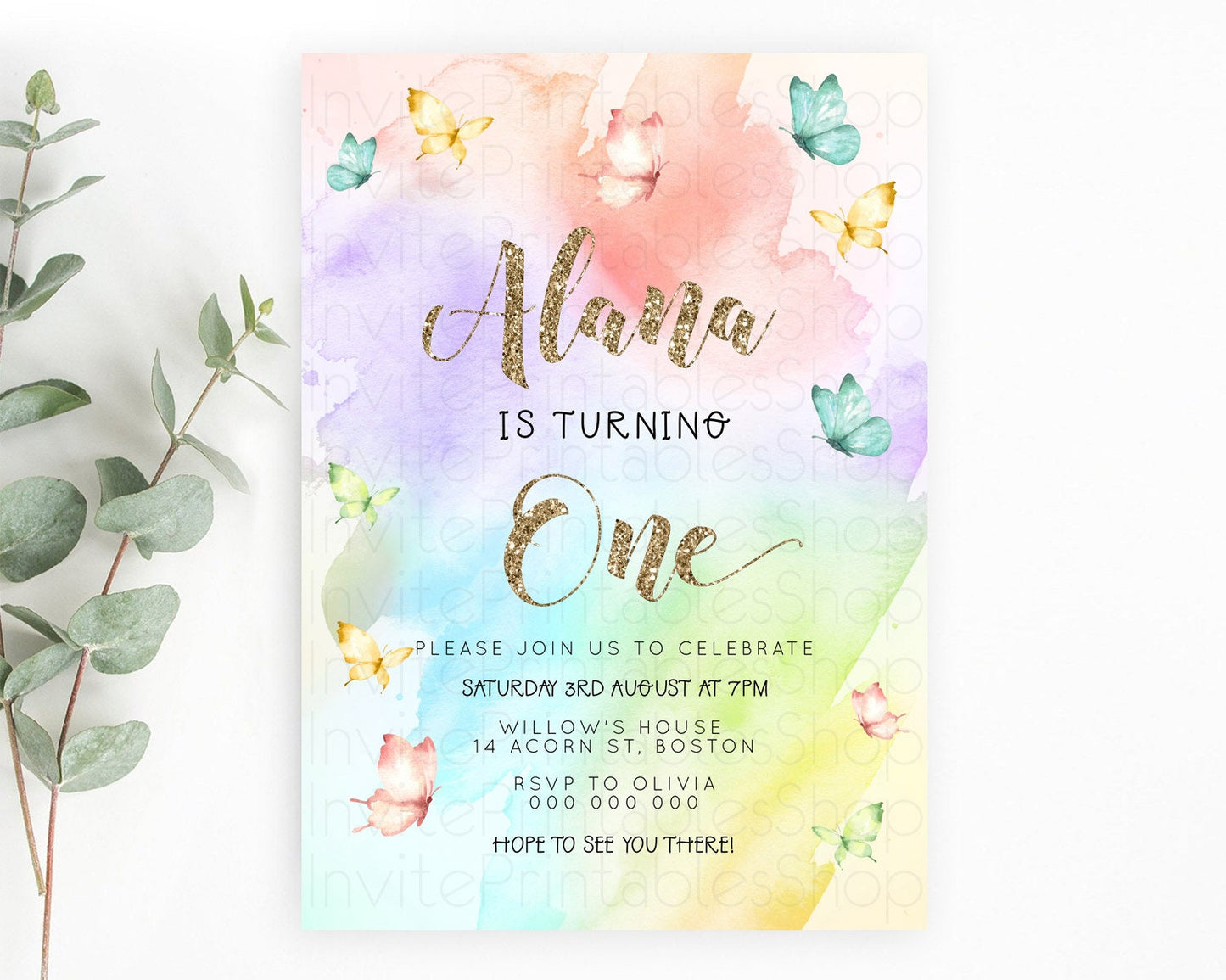 Pastel Butterfly Birthday Invitation Butterfly Birthday Invitation Colorful Splash Glitter Butterfly Garden 1st 2nd Birthday D23255