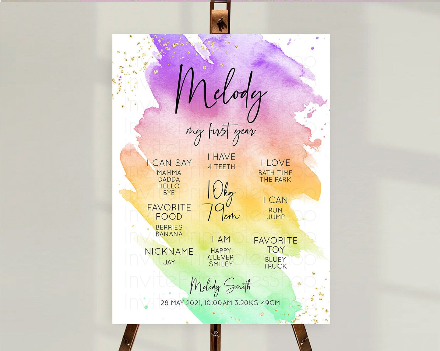Pastel First Birthday Milestone Board Pastel Rainbow Milestone Poster Colorful Confetti Watercolor Glitter 1st Birthday Welcome Sign D10518