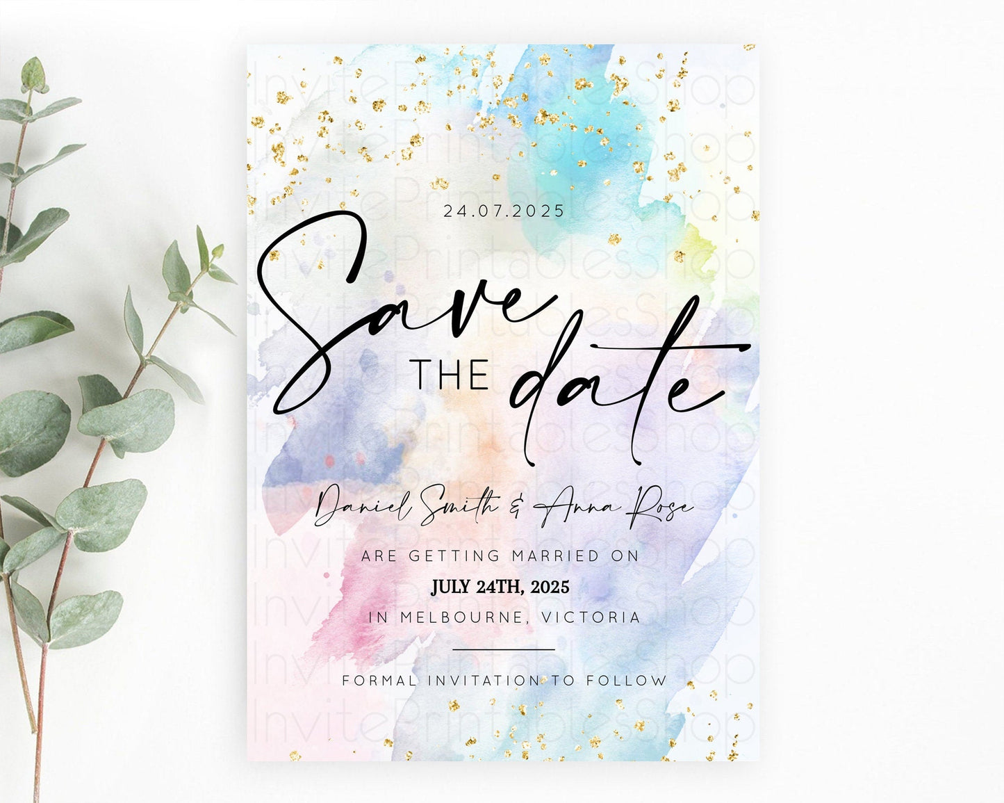 Pastel Save The Date Template Pastel Ombre Rainbow Watercolor Colorful Party For Birthday Baptism Baby Shower Wedding Bridal Shower D10420