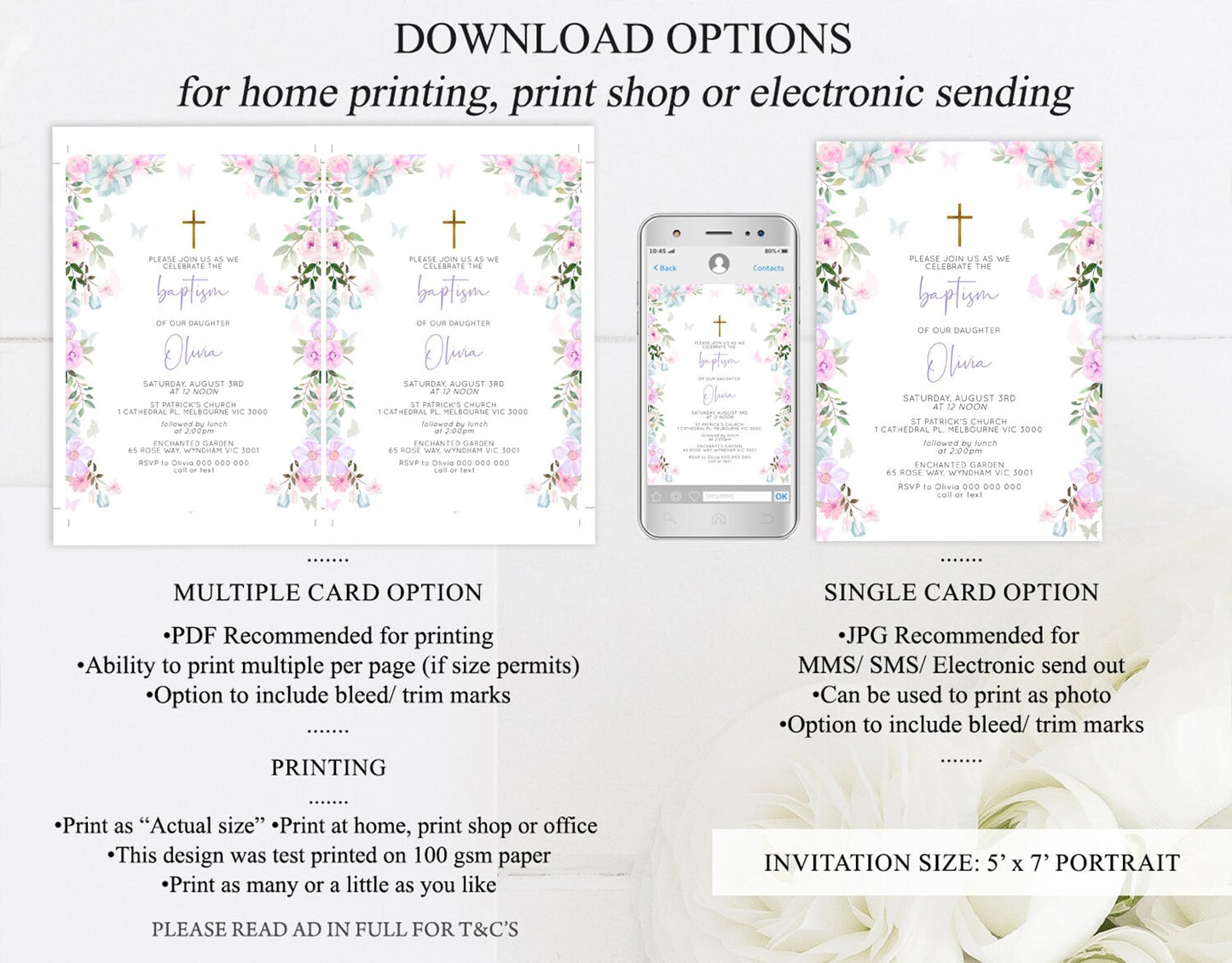 Floral Baptism Invitation Pastel Floral Christening Invitation Enchanted Garden Purple Pink Flowers Butterflies Holy Communion Invite 513