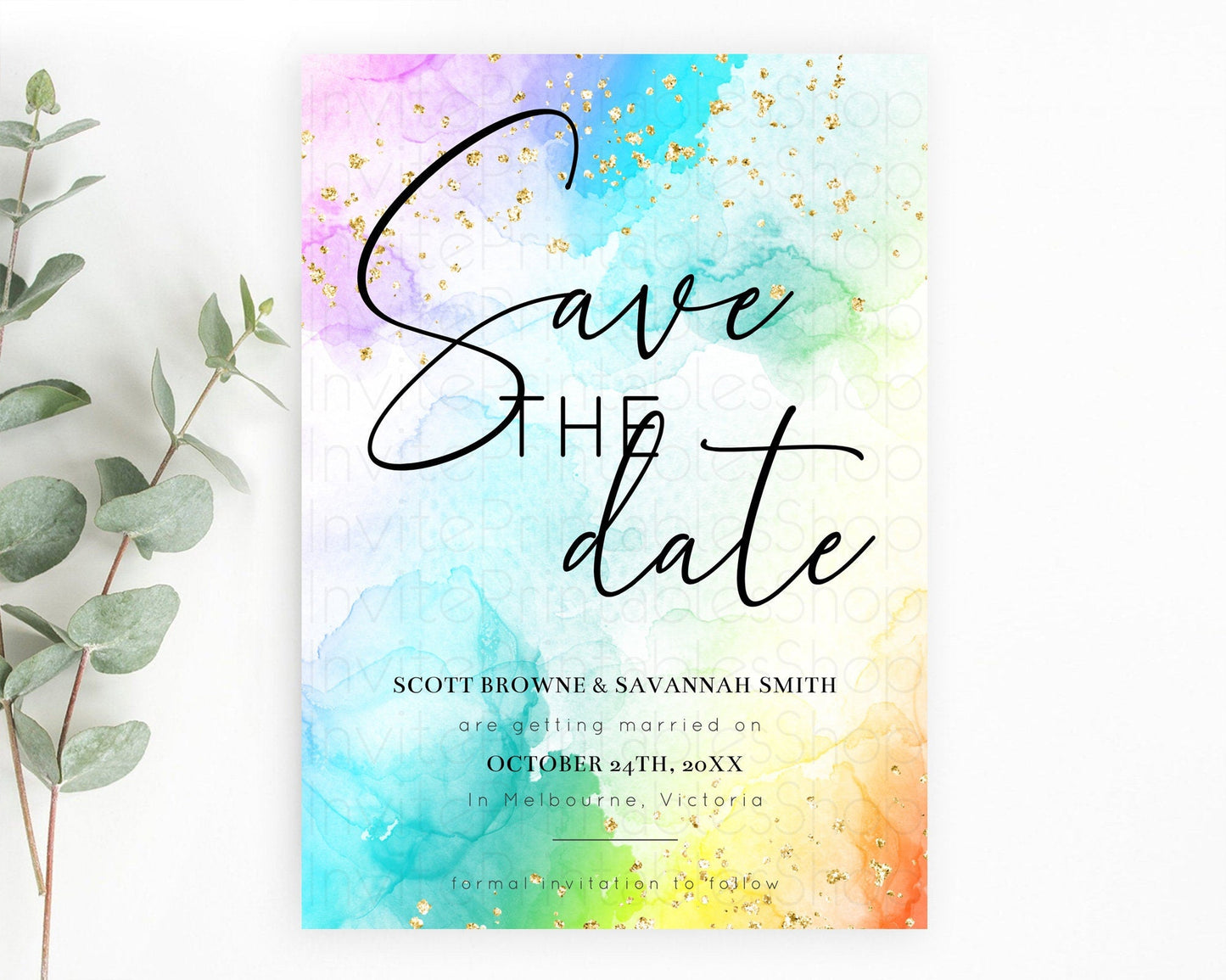 Pastel Save The Date Template Pastel Ombre Rainbow Watercolor Colorful Party For Birthday Baptism Baby Shower Wedding Bridal Shower D10771