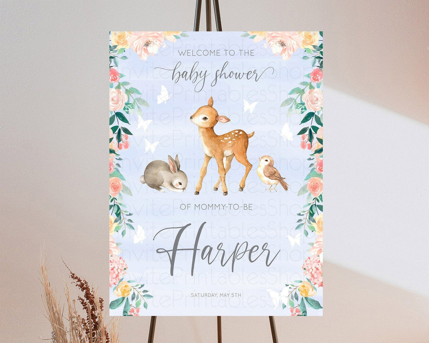 Fawn Baby Shower Welcome Sign Deer Welcome Board Floral Deer Welcome Poster Enchanted Forest Butterfly Pastel Floral Welcome Sign D10920