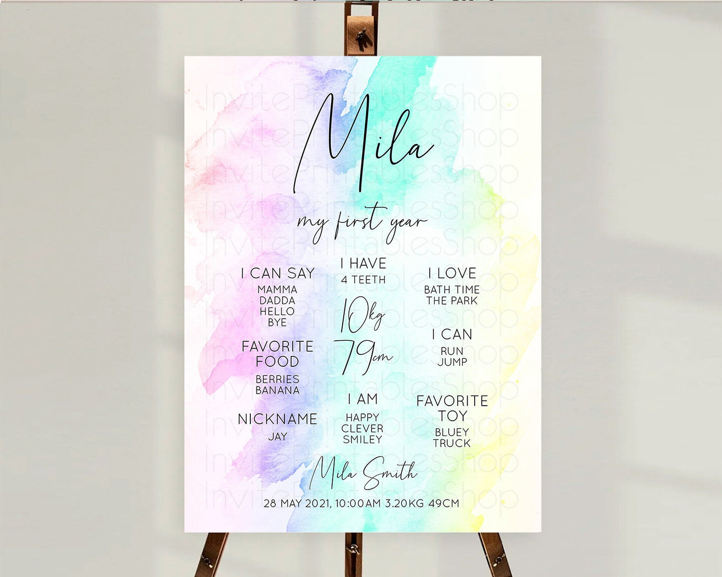 Pastel First Birthday Milestone Board Pastel Rainbow Milestone Poster Colorful Confetti Watercolor Glitter 1st Birthday Welcome Sign D10231