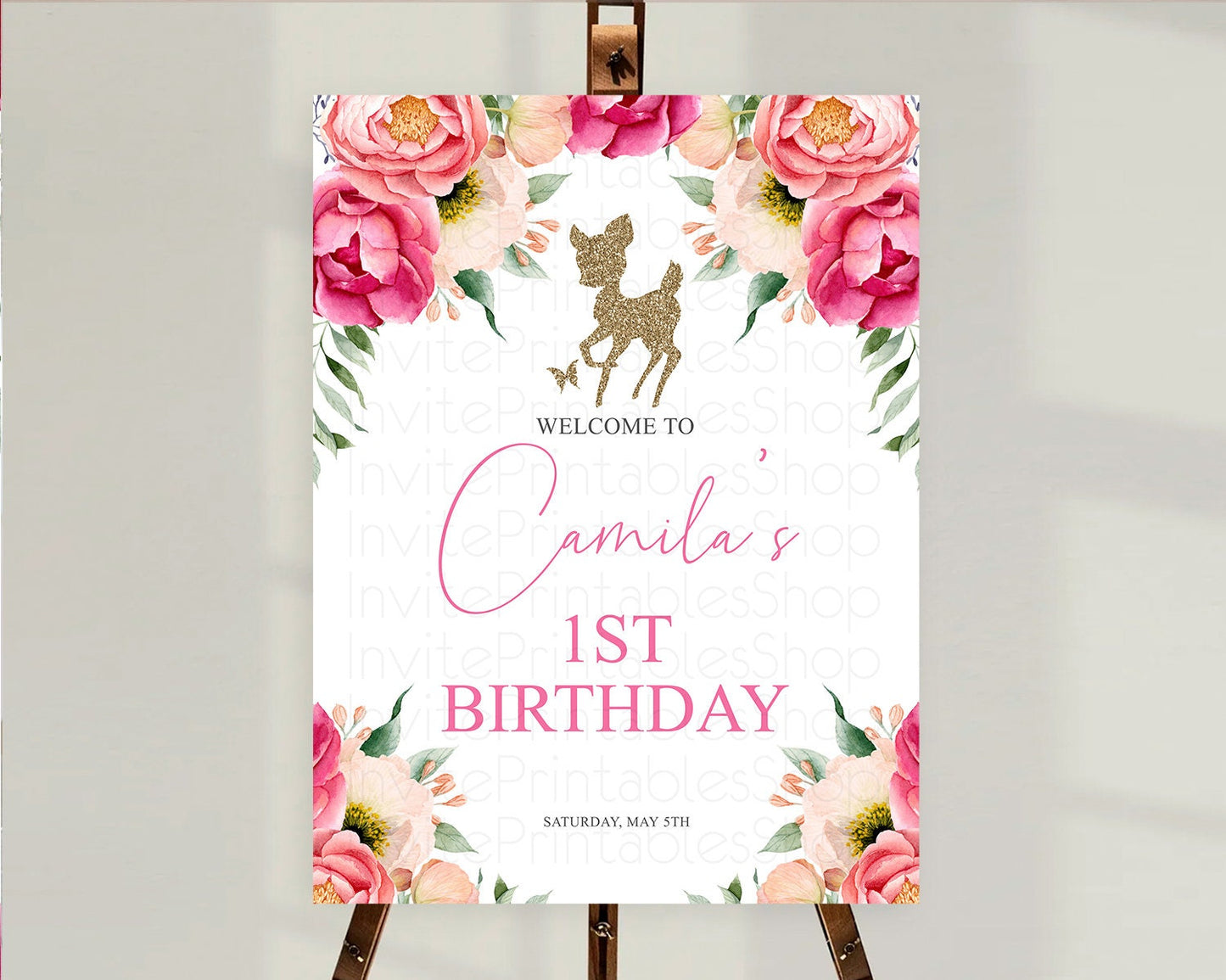 Fawn Welcome Sign Deer Welcome Board Floral Deer Welcome Poster Enchanted Forest Butterfly Pastel Floral First Birthday Welcome Sign D10326