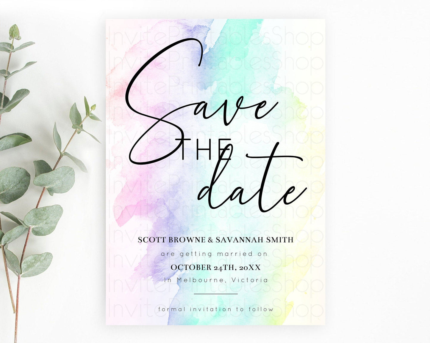 Pastel Save The Date Template Pastel Ombre Rainbow Watercolor Colorful Party For Birthday Baptism Baby Shower Wedding Bridal Shower D10231