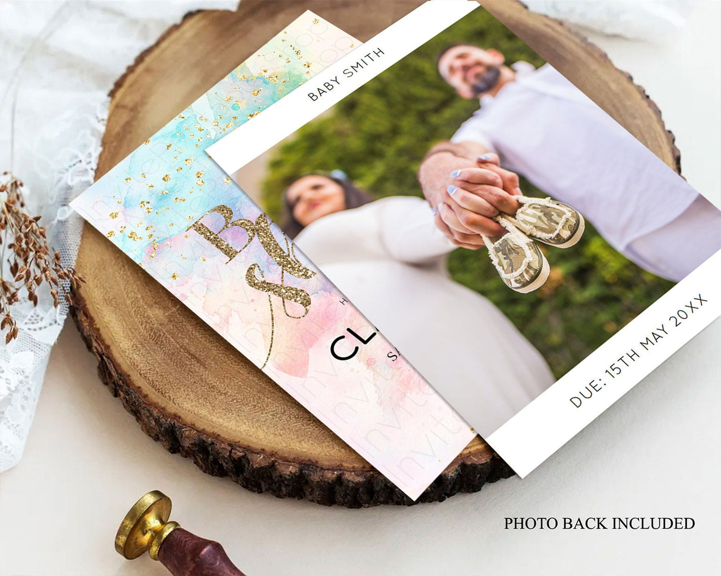 Pastel Rainbow Baby Shower Invitation, Pastel Watercolor, Colorful Ombre Splash with Gold Glitter - Teal Blue, Orange, Yellow Pink D10261