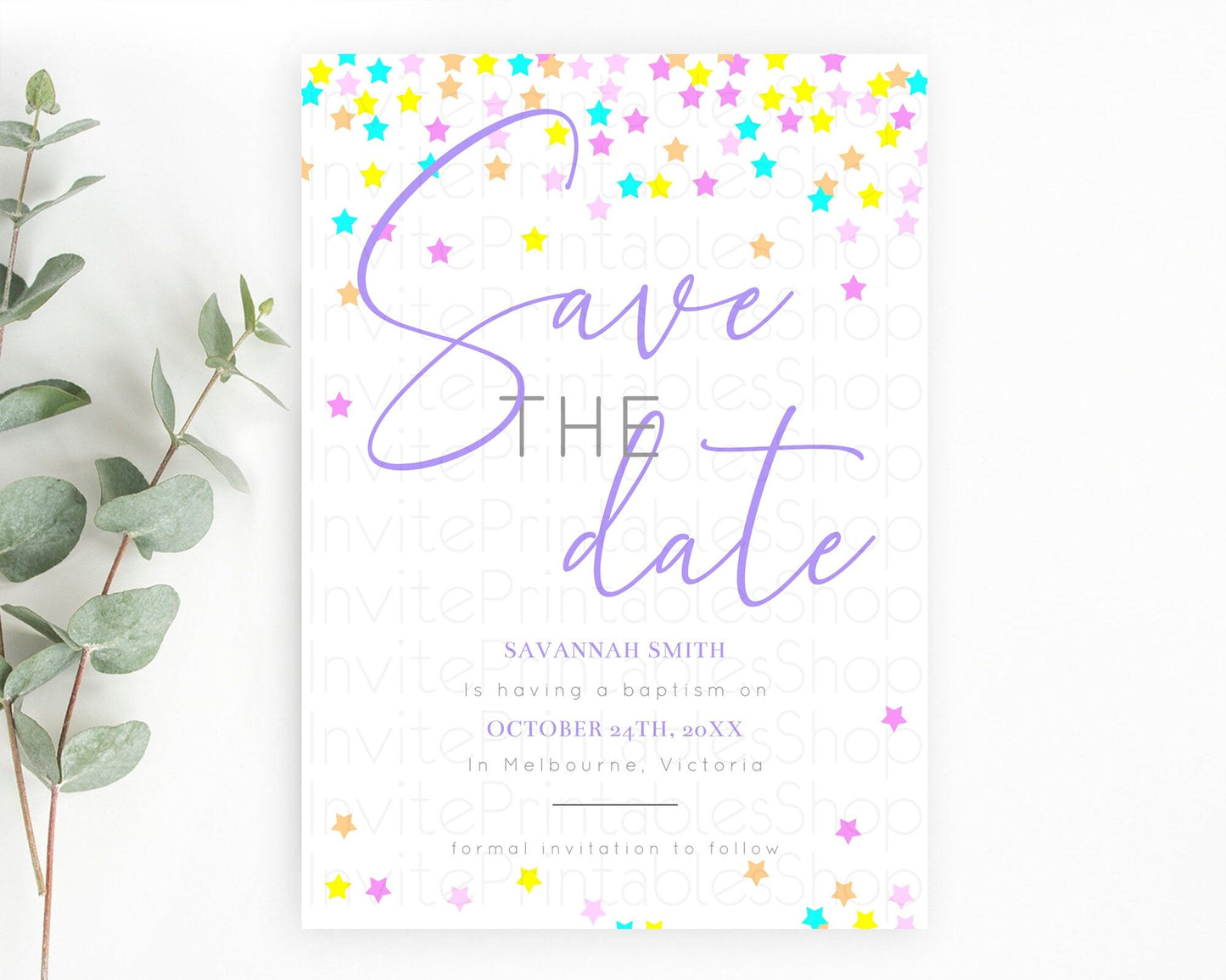 Twinkle Stars Save The Date Template Pastel Twinkle Little Star Party Shooting Star Confetti Sprinkles Birthday Baptism Baby Shower D10397