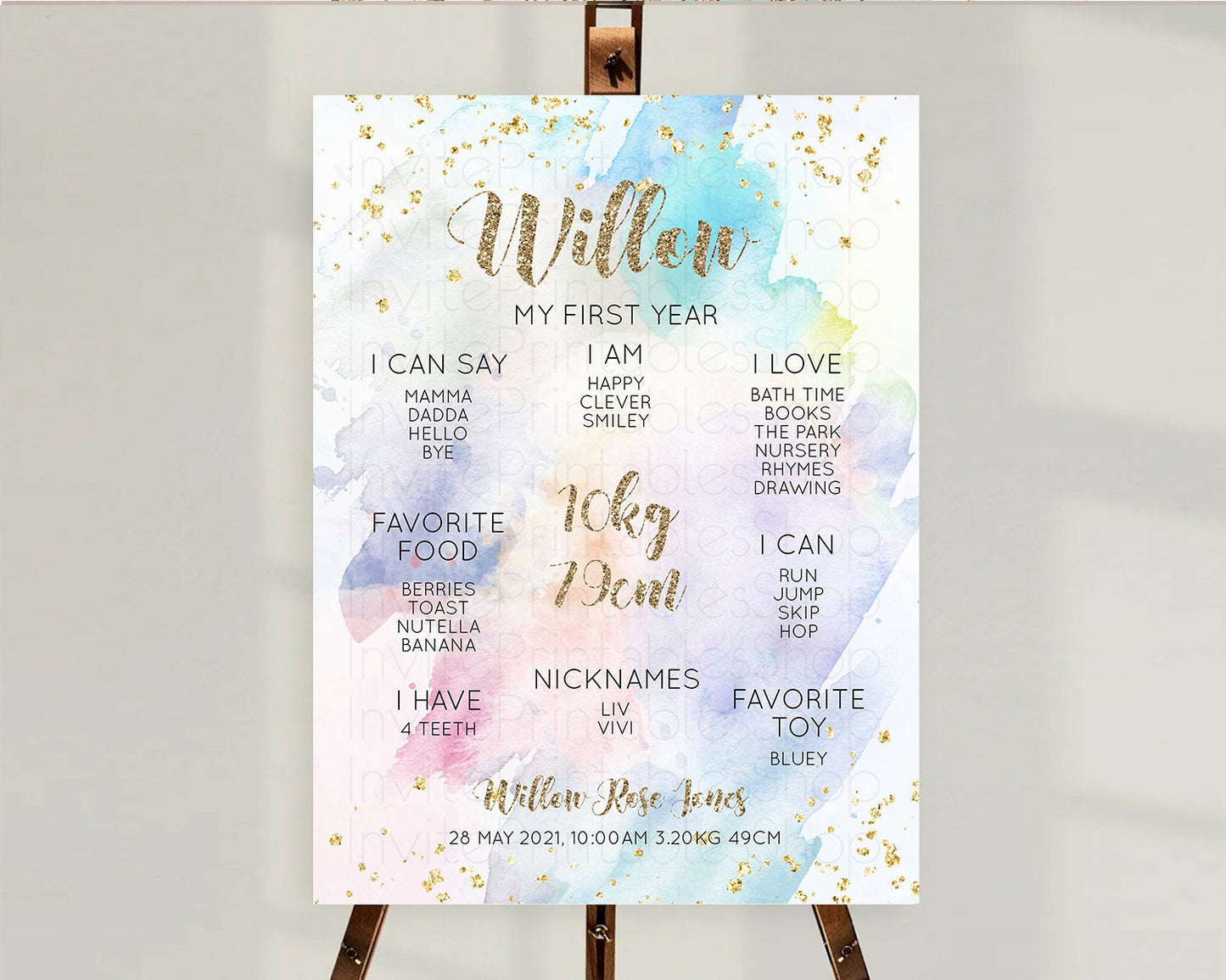 Pastel First Birthday Milestone Board Pastel Rainbow Milestone Poster Colorful Confetti Watercolor Glitter 1st Birthday Welcome Sign D10421