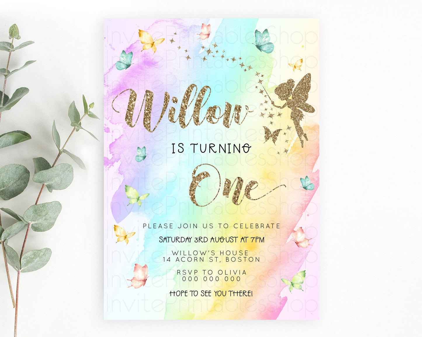 Pastel Fairy Birthday Invitation Pastel Butterflies Fairy Birthday Invitation Rainbow Ombre Watercolor 1st 2nd Birthday Invitation D23333