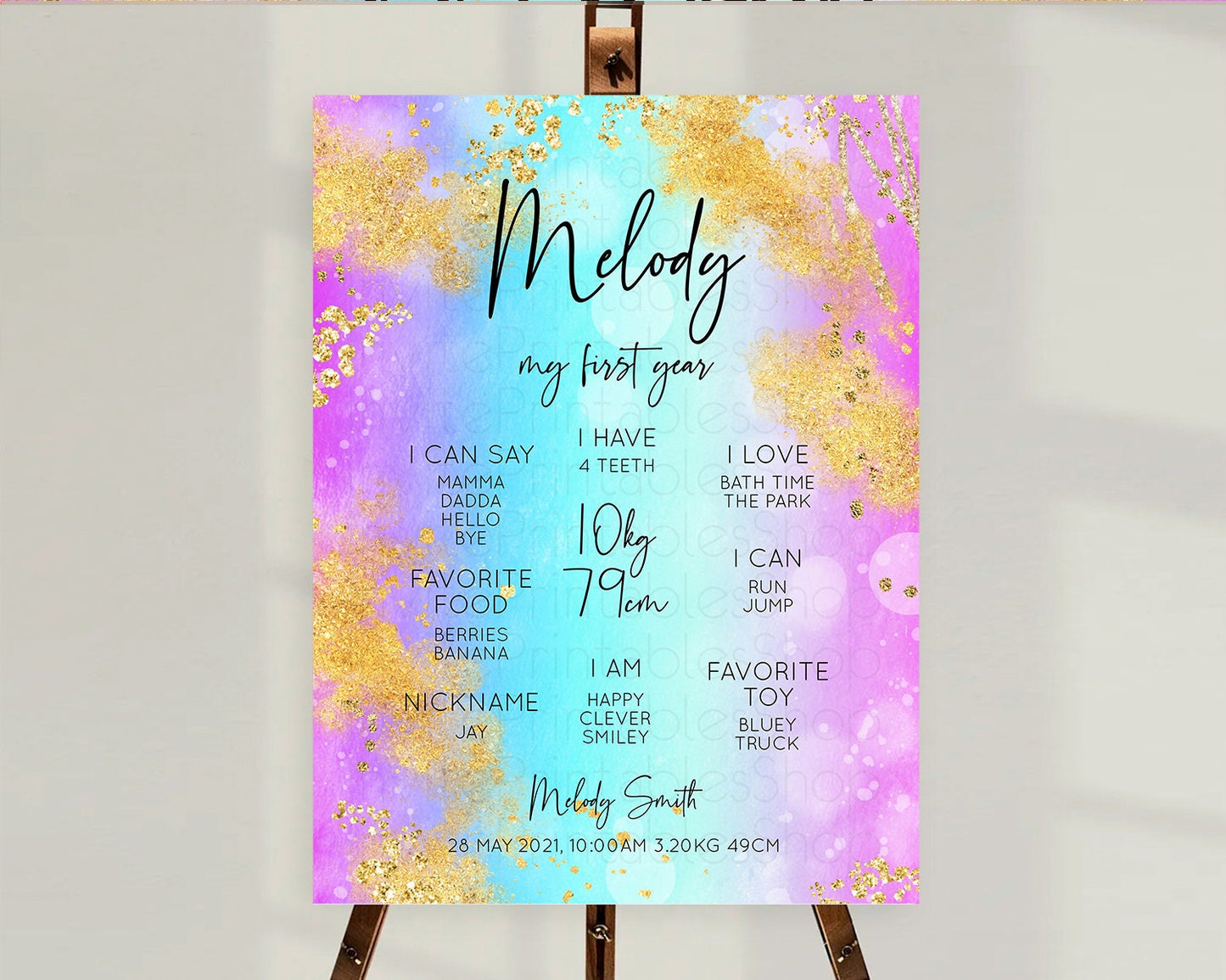 Pastel First Birthday Milestone Board Pastel Rainbow Milestone Poster Colorful Confetti Watercolor Glitter 1st Birthday Welcome Sign D10564