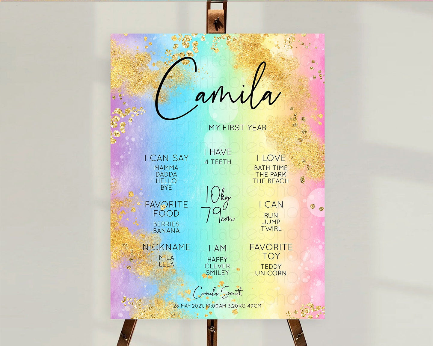 Pastel First Birthday Milestone Board Pastel Rainbow Milestone Poster Colorful Confetti Watercolor Glitter 1st Birthday Welcome Sign D10559