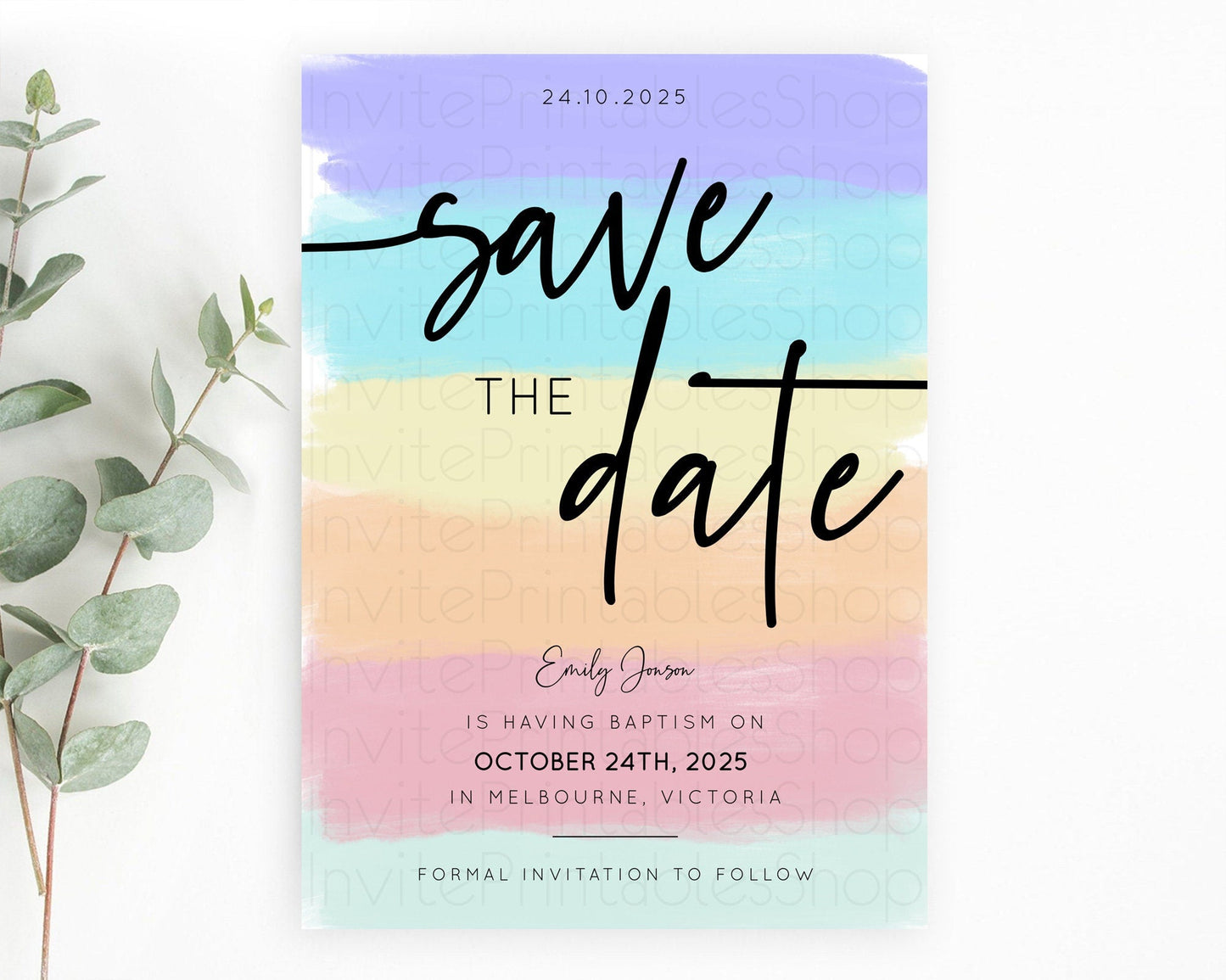 Pastel Save The Date Template Pastel Ombre Rainbow Watercolor Colorful Party For Birthday Baptism Baby Shower Wedding Bridal Shower D10510