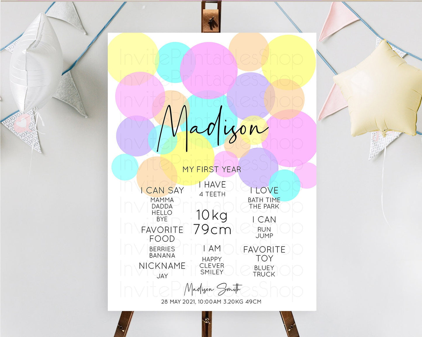 Pastel First Birthday Milestone Poster Pastel Rainbow Confetti First Birthday Milestone Board Colorful Bubbles Birthday Welcome Sign D10406