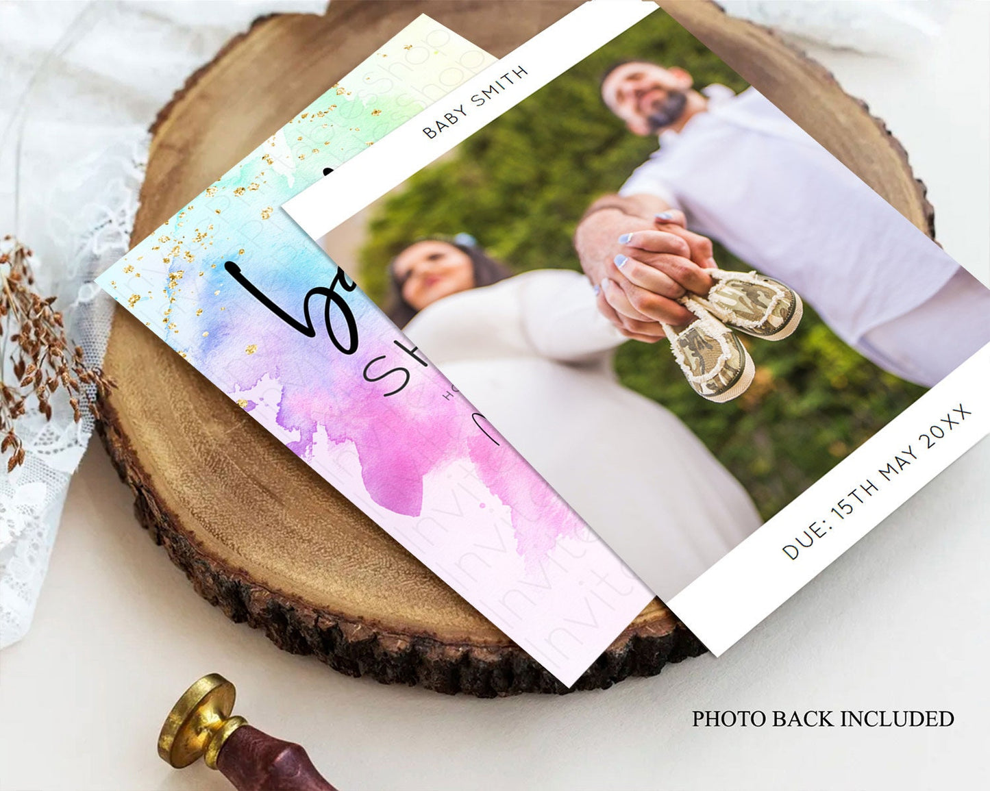 Pastel Rainbow Baby Shower Invitation, Watercolor Splash, Gold Confetti Sprinkles, Colorful Ombre Pink, Yellow, Green, Orange D10449