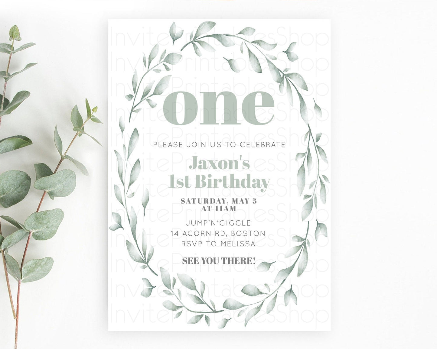 Leafy Birthday Invitation Leafy Invitation Simple Greenery Invitation Eucalyptus Fern Spray Leaves Minimal Green Leaf Watercolour D11009