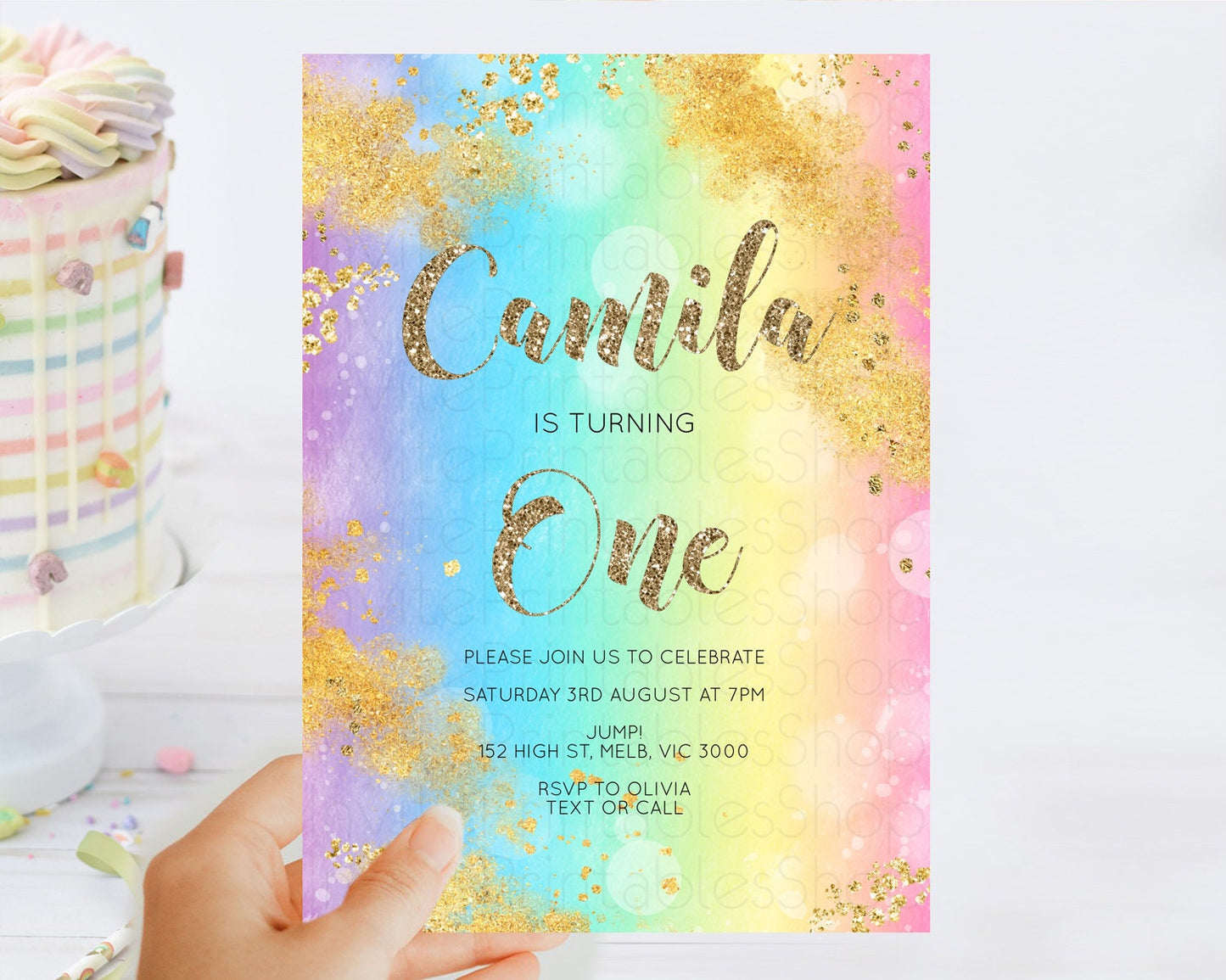 Rainbow Birthday Invitation Colorful Pastel Watercolor Invitation Gold Glitter Sprinkles Ombre Pastel 1st 2nd 3rd Birthday D10561