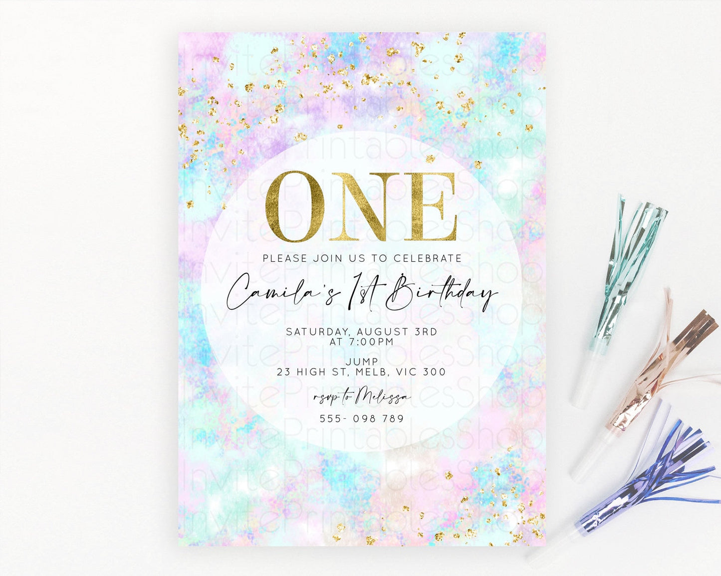 Rainbow Birthday Invitation Colorful Pastel Watercolor Invitation Gold Glitter Sprinkles Ombre Pastel 1st 2nd 3rd Birthday D10652