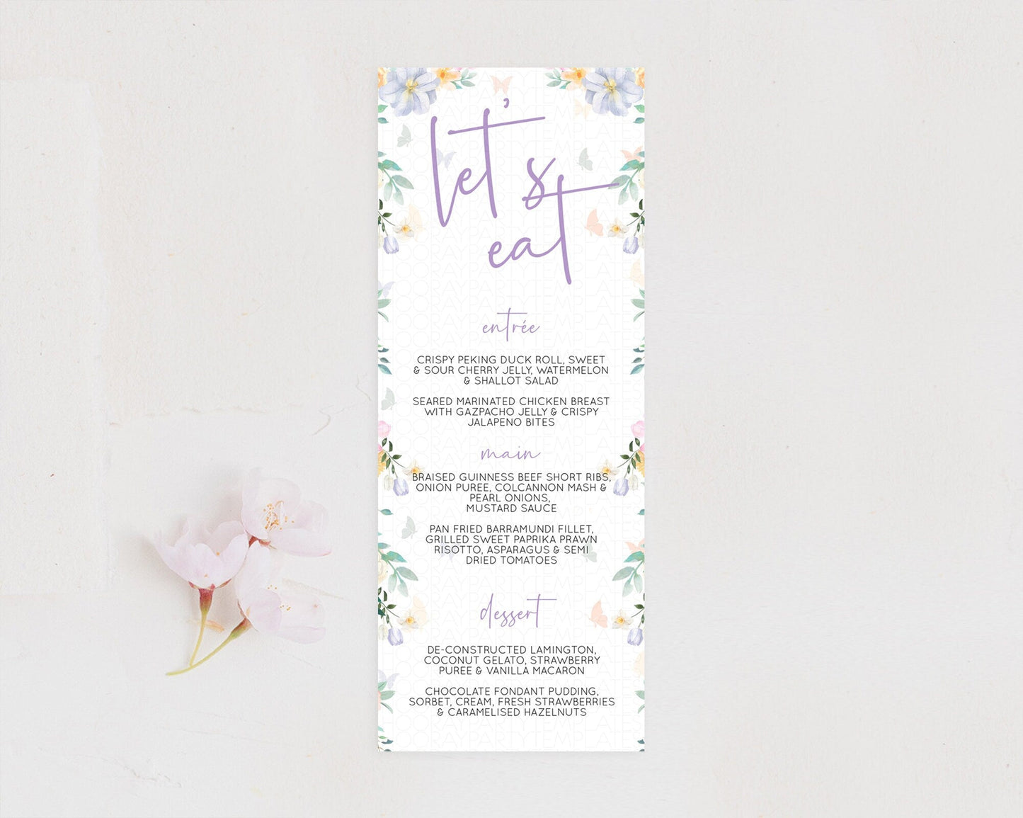 Secret Garden Menu Wildflower Menu Template Pastel Flower Garden Table Decor Boho Floral Dinner Dessert Floral Party Food Menu D10472