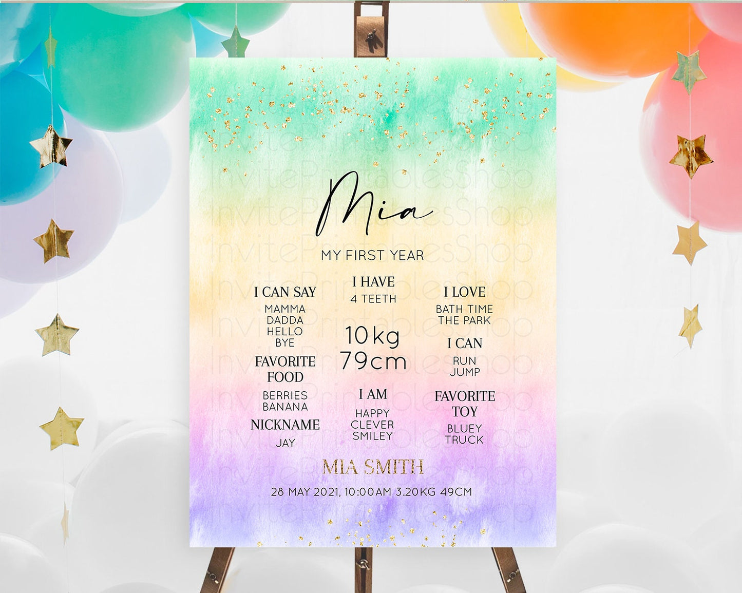 Pastel First Birthday Milestone Board Pastel Rainbow Milestone Poster Colorful Confetti Watercolor Glitter 1st Birthday Welcome Sign D10481