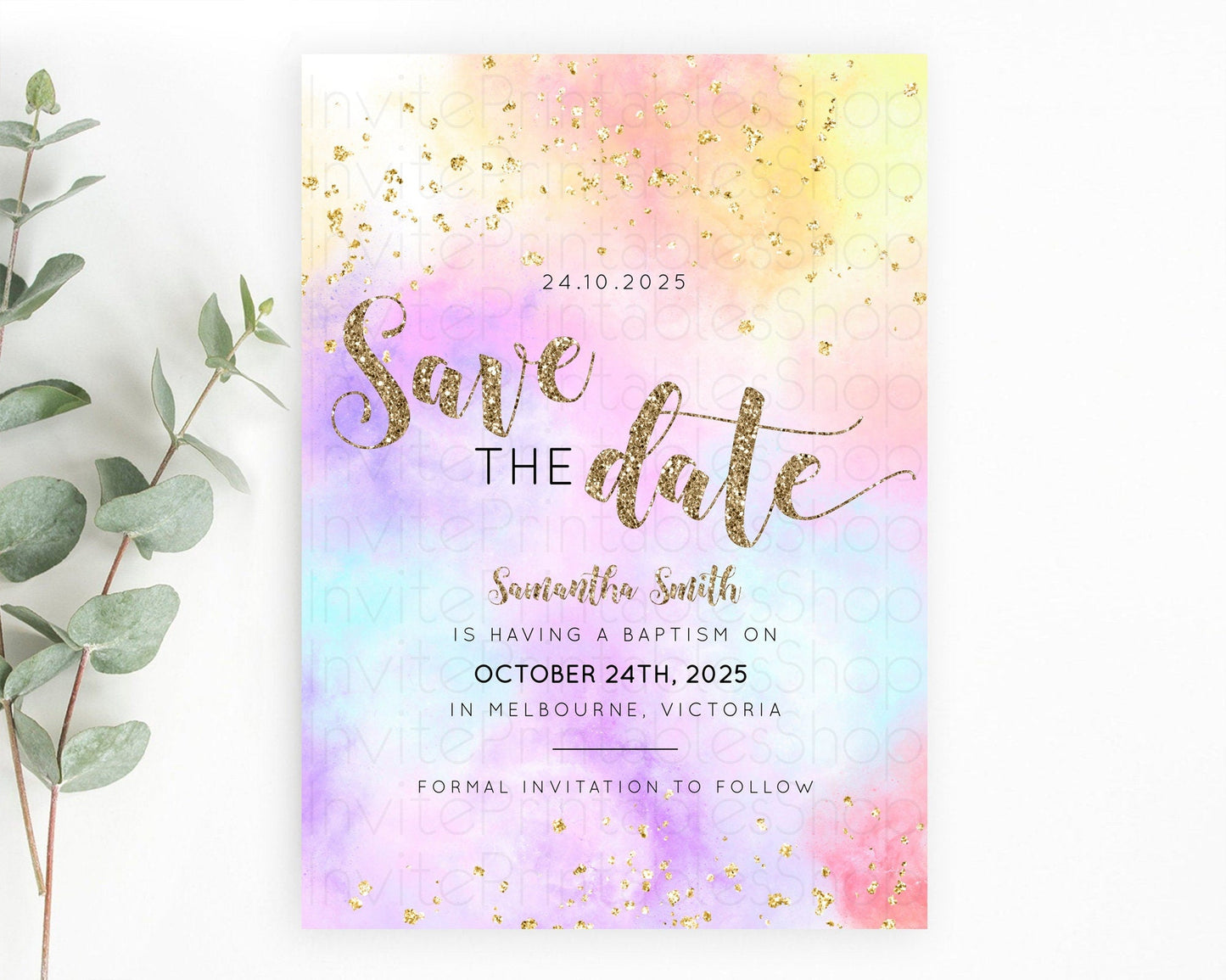 Pastel Save The Date Template Pastel Ombre Rainbow Watercolor Colorful Party For Birthday Baptism Baby Shower Wedding Bridal Shower D10435