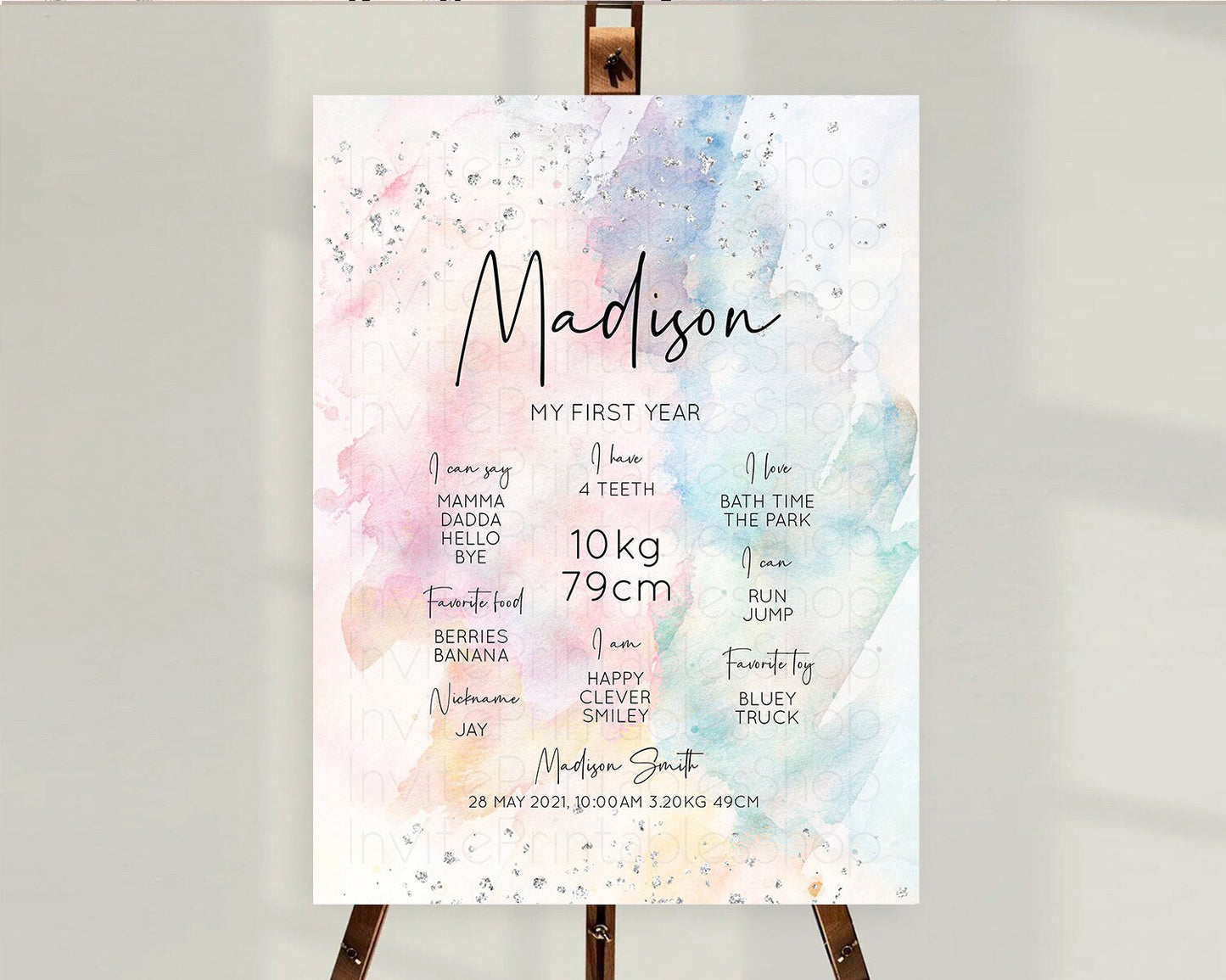 Pastel Rainbow First Birthday Milestone Board Pastel Milestone Poster Colorful Confetti Watercolor Silver 1st Birthday Welcome Sign D10945