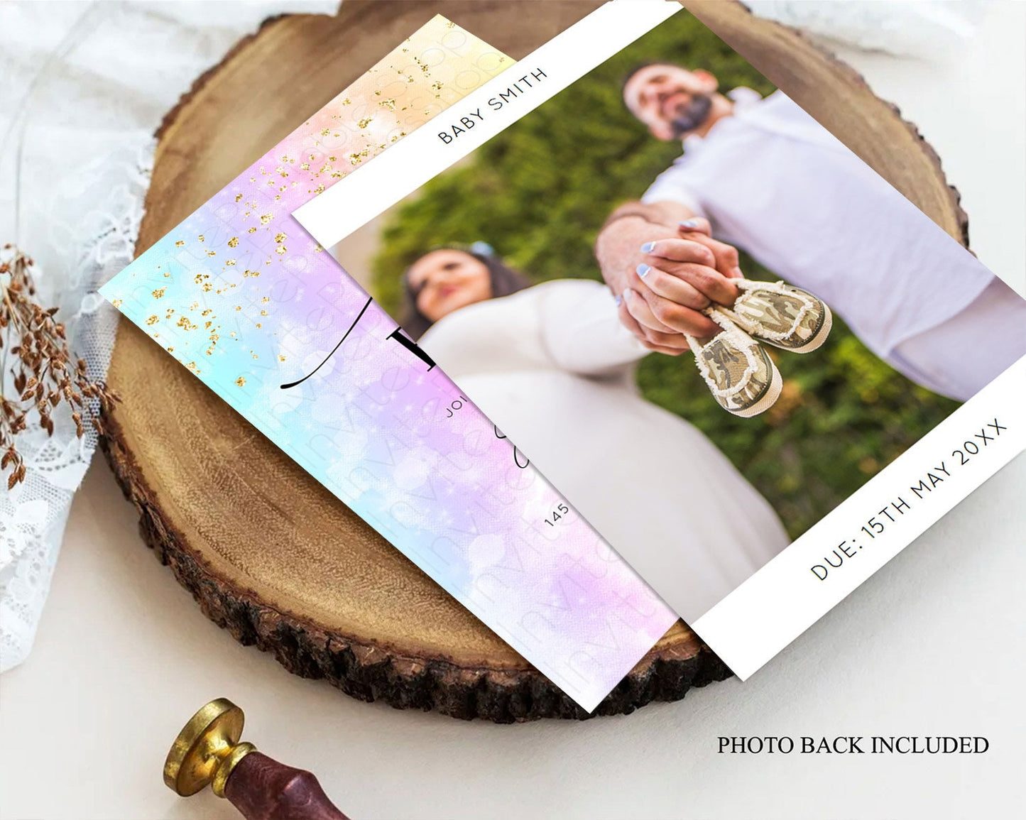 Pastel Watercolor Baby Shower Invitation with Iridescent & Gold Glitter Sprinkles, Ombre Effect - Teal, Purple, Yellow, and Green D10647