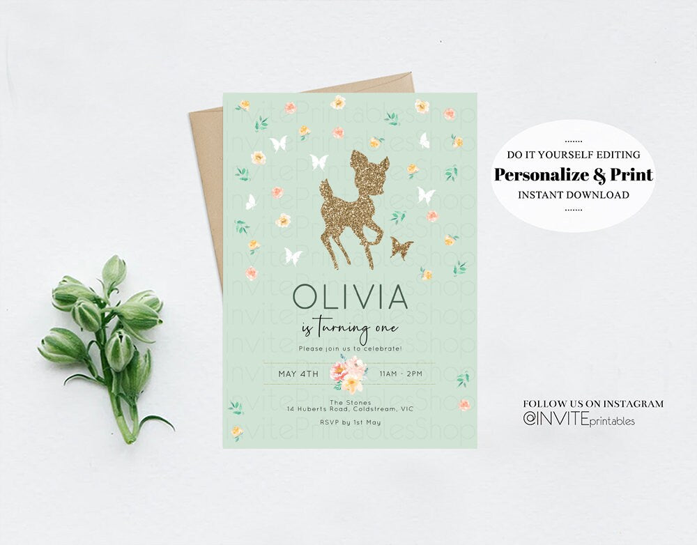 Deer Birthday Invite Deer Birthday Invite Deer Invite Green Fawn Party Invite Pastel Floral Invite Glitter Invite Garden Party Invite