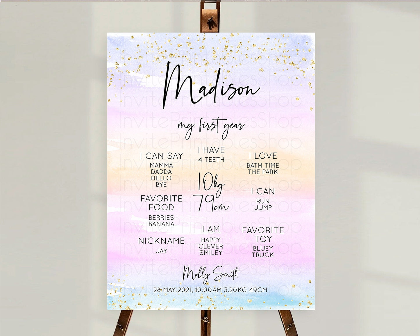 Pastel First Birthday Milestone Board Pastel Rainbow Milestone Poster Colorful Confetti Watercolor Glitter 1st Birthday Welcome Sign D10594