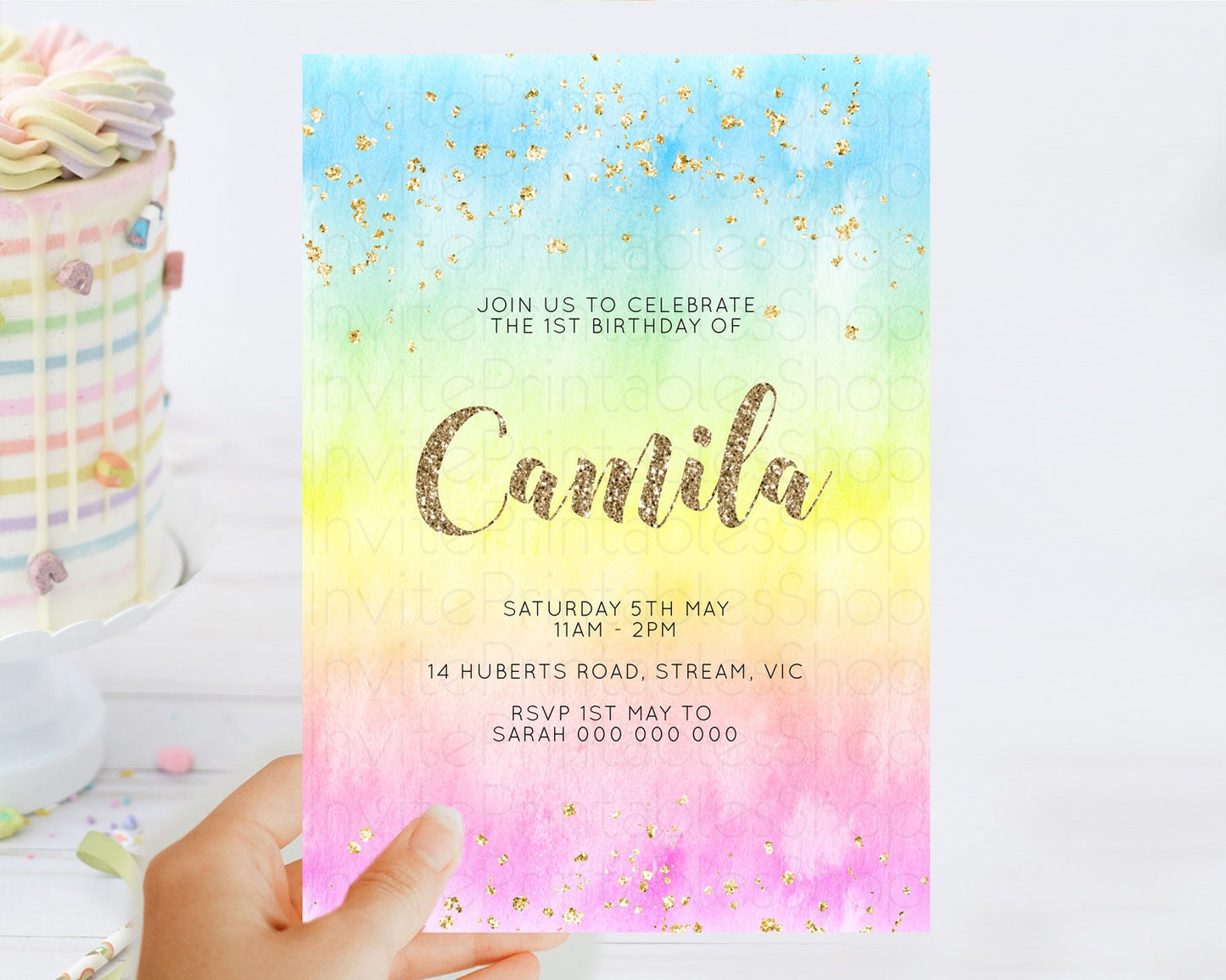 Rainbow Birthday Invitation Colorful Pastel Watercolor Invitation Gold Glitter Sprinkles Ombre Pastel 1st 2nd 3rd Birthday D10479