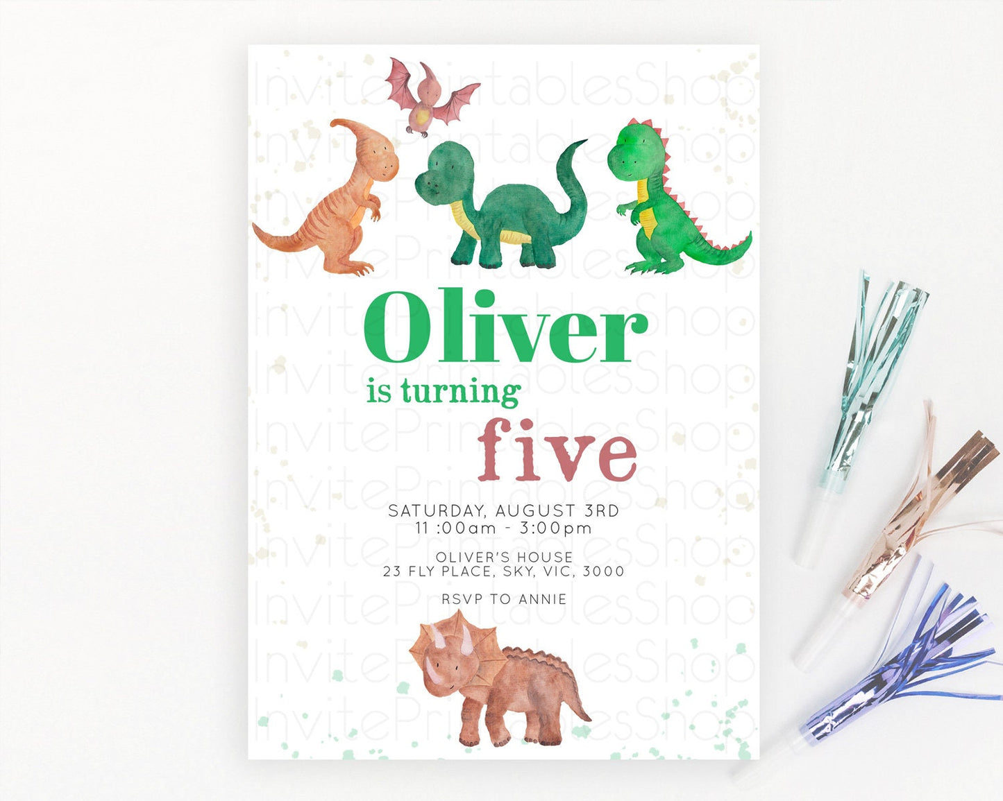 Dinosaur Birthday Invitation Dinosaur Volcano Invitation Watercolor Dinosaur Volcano T-Rex Raptor Jurassic 1st 2nd 3rd Birthday D10153