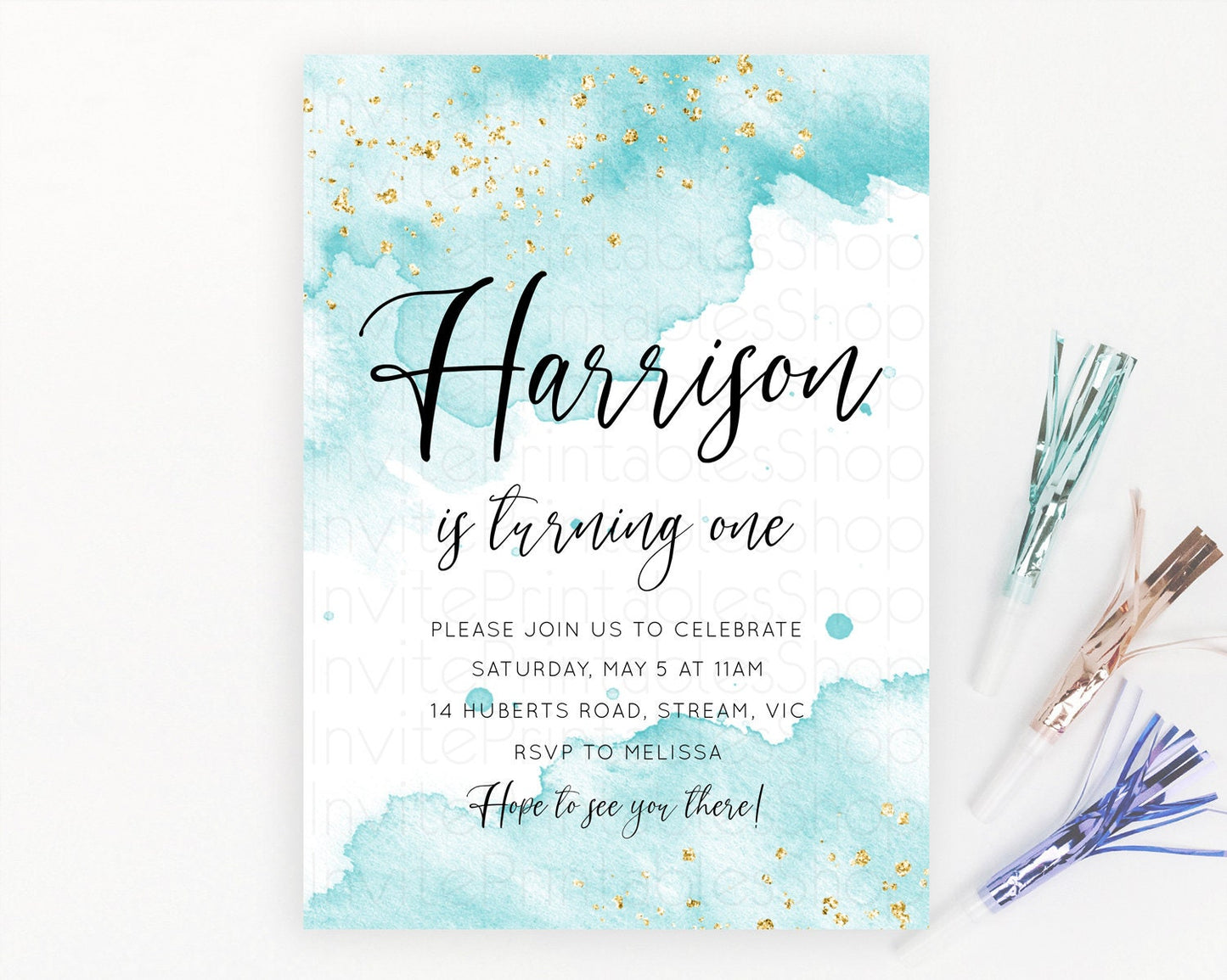 Blue Birthday Invitation Blue Watercolor Invitation Pastel Blue Watercolor Invitation Blue Splash Gold Invitation 1st First Birthday D10329